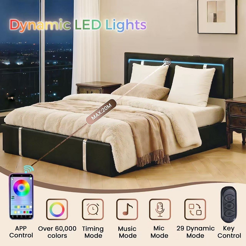 Lift Up Storage Bed Frame with Adjustable LEDUSB-CCharging PortsHydraulicSupport