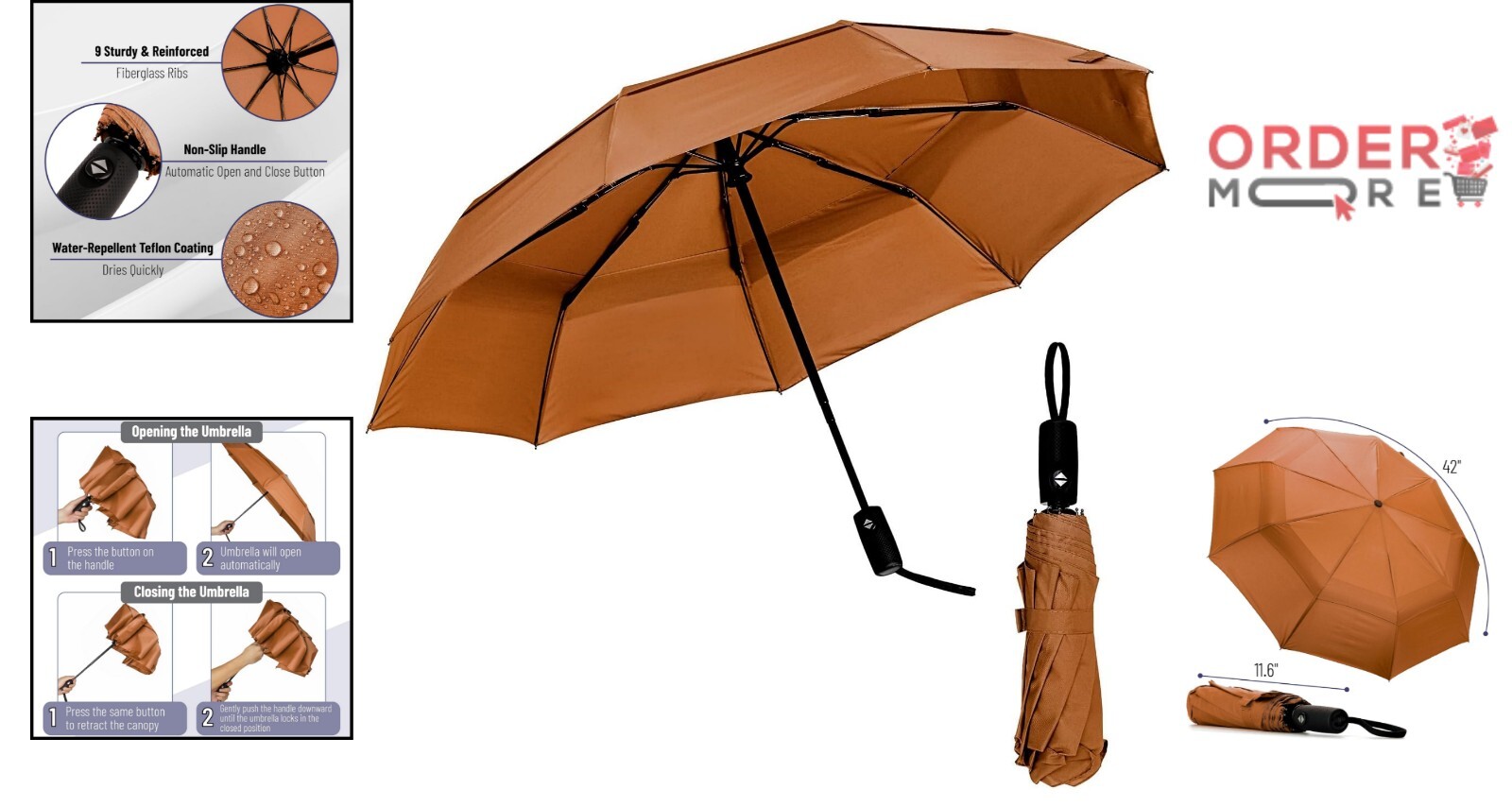 42-Inch Automatic Windproof Umbrella for Reliable Rain Coverage - Tawny Glow