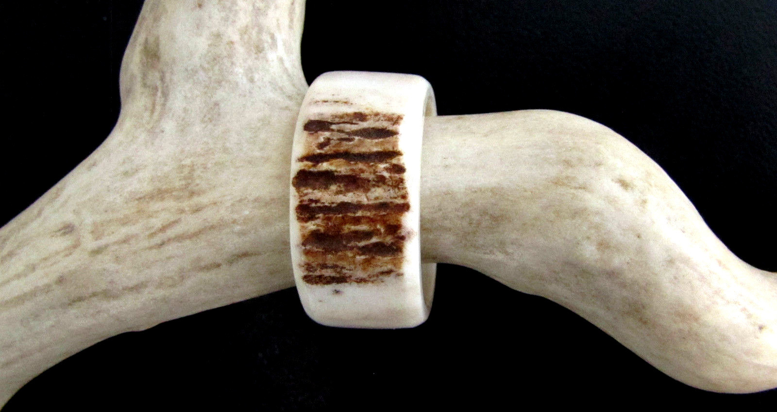 BROWN HANDCRAFTED OOAK SHED DEER, ELK ANTLER RING,SIZE 13  3/4, R-374