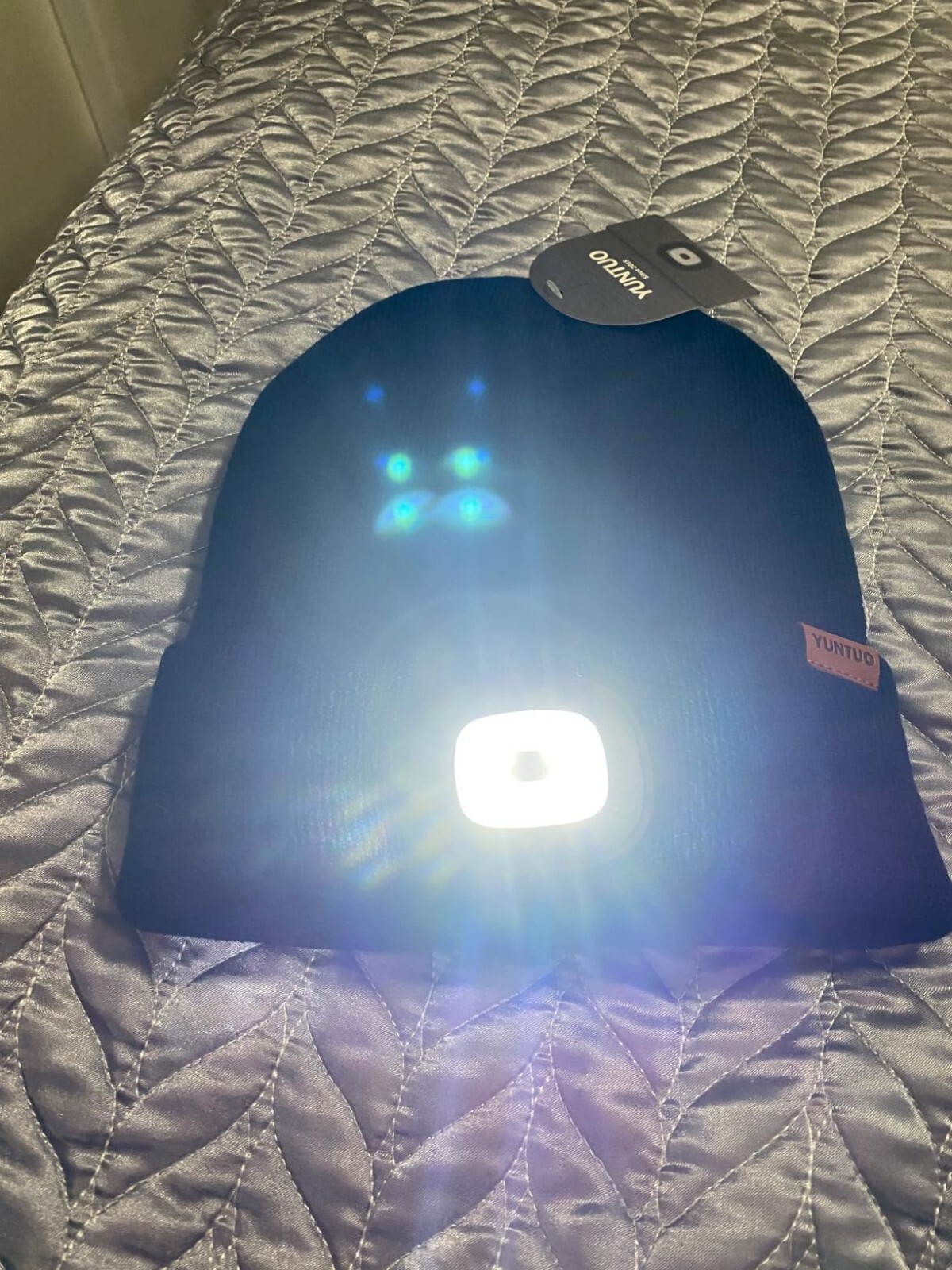 Fleece Lined Beanie Headlamp Hat with Light, Rechargeable LED Winter Cap Black