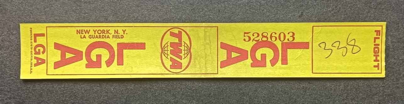 TWA TRANS WORLD AIRLINES 1969 LAGUARDIA FIELD NEW YORK BAGGAGE TAG LUGGAGE LABEL