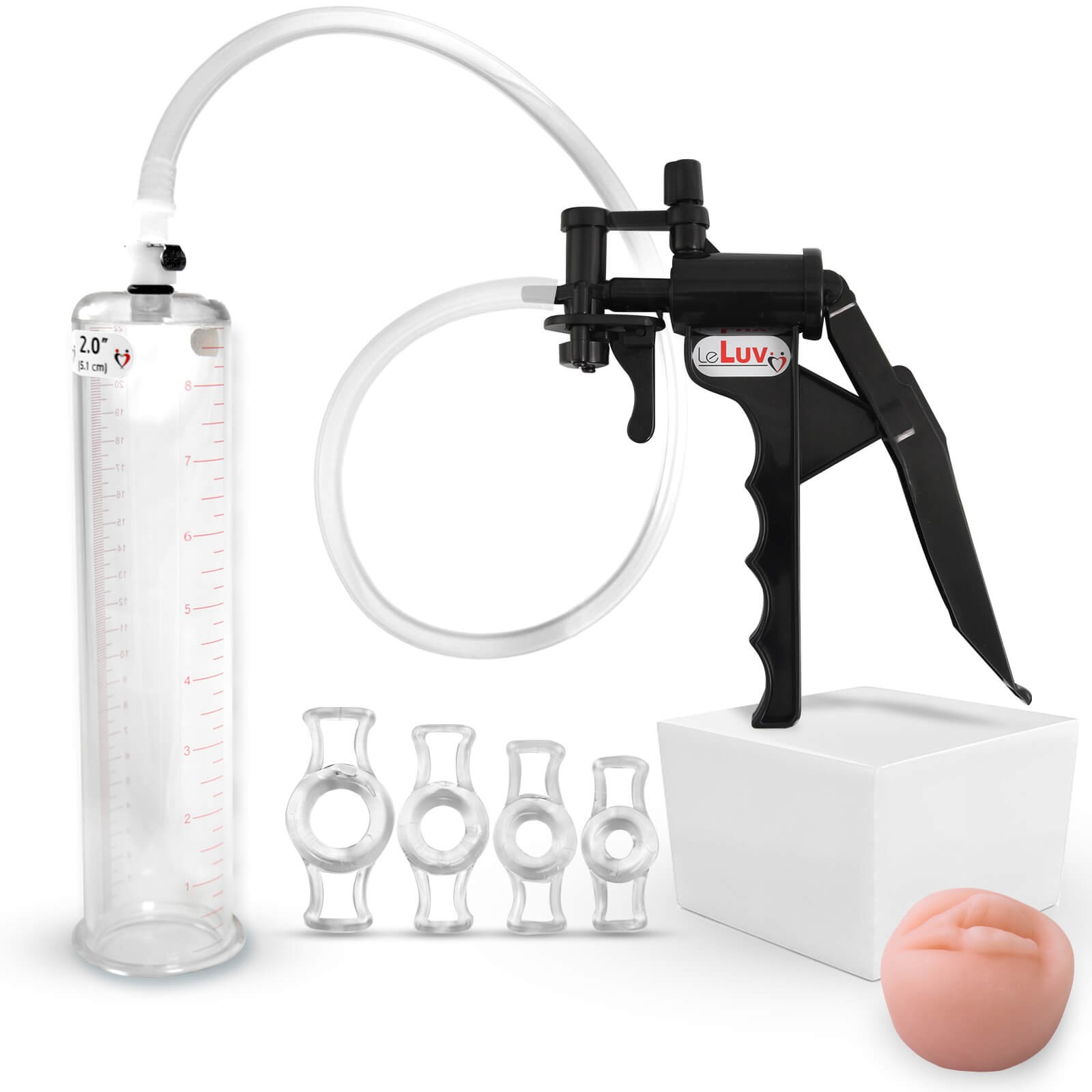 LeLuv Penis Pump TYRO 9 or 12 Inch Length, Constriction Rings & Fleshlike Donut