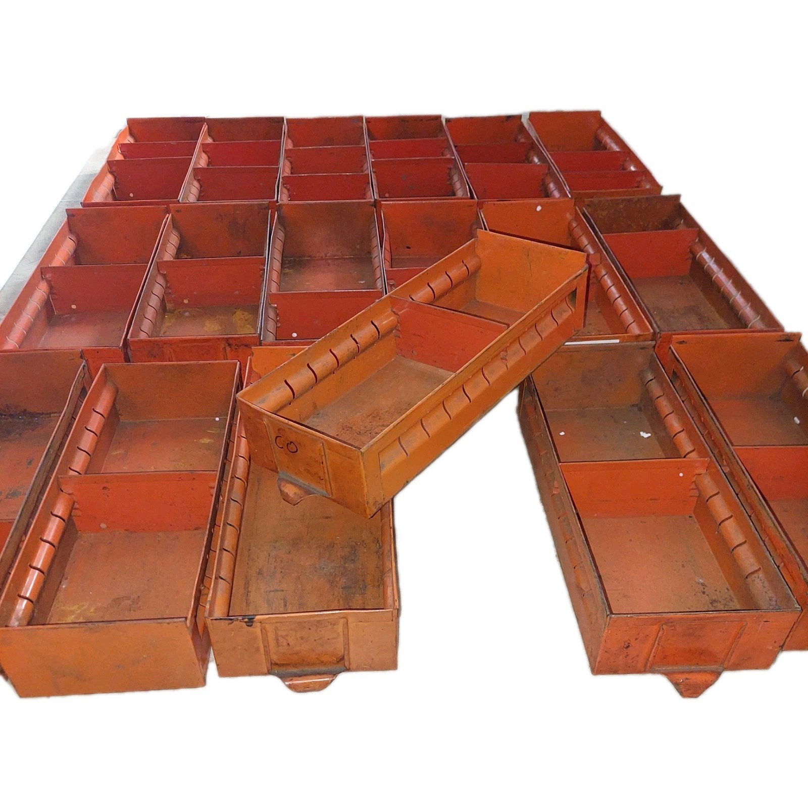 18 Vintage Used Metal Drawers Small Parts Box Bins 12" x 4.5" x 3" Orange