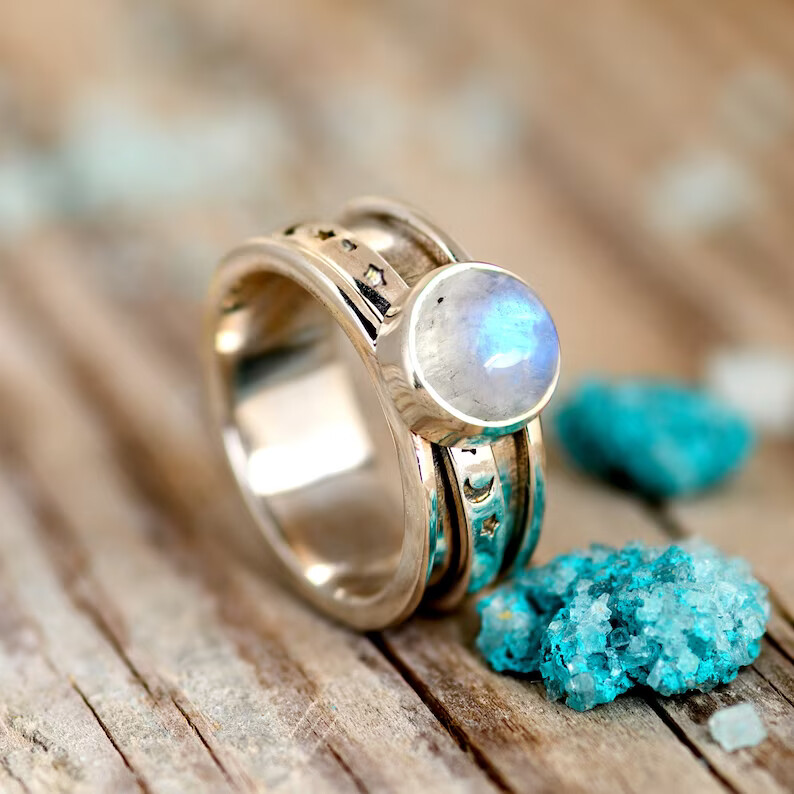 Handmade Rainbow Moonstone Spinner Ring 925 Sterling Silver Ring All Size SR417