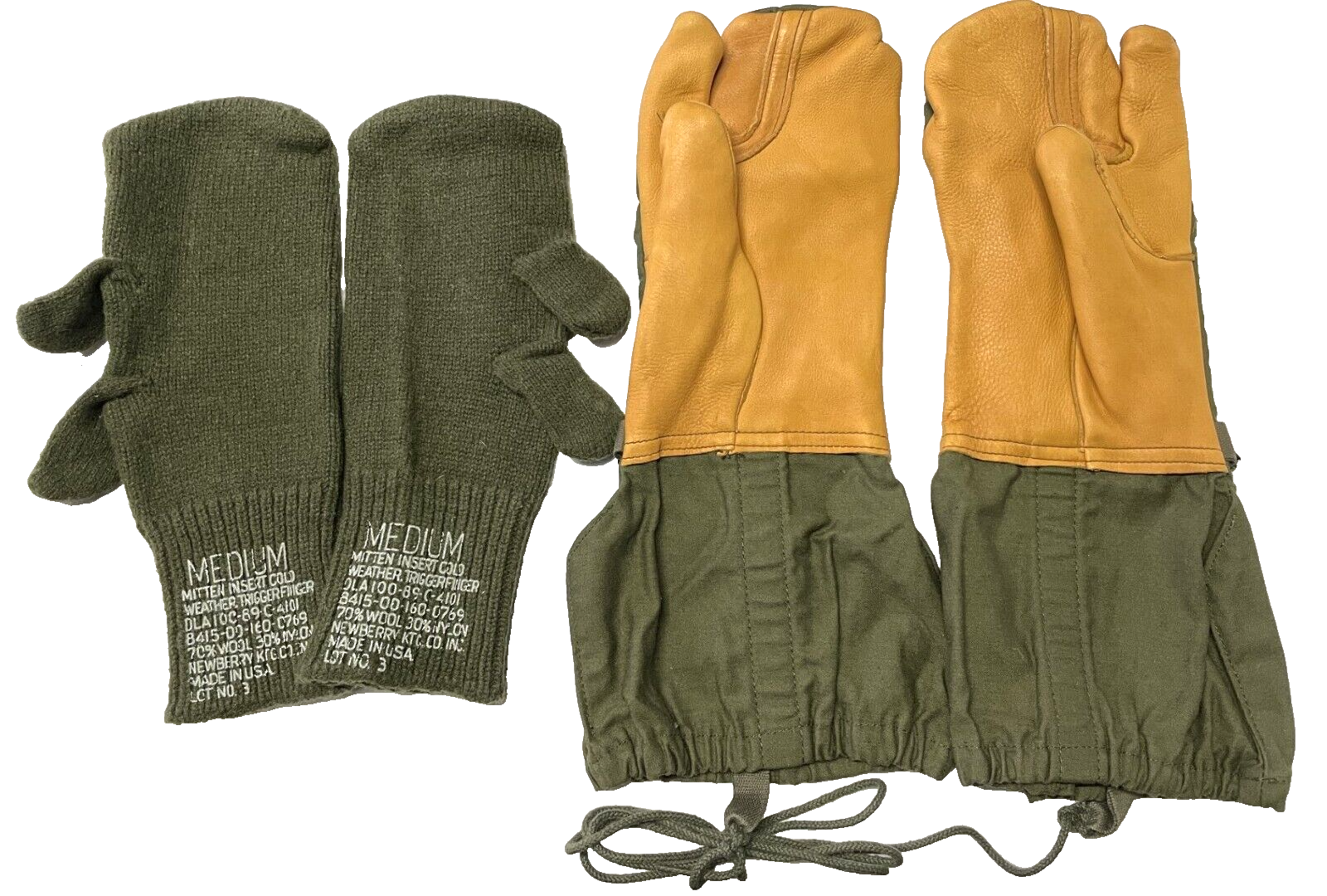 USGI Cold Weather Trigger Finger Mittens w Inserts Lanyard M1965 OD MEDIUM MINT