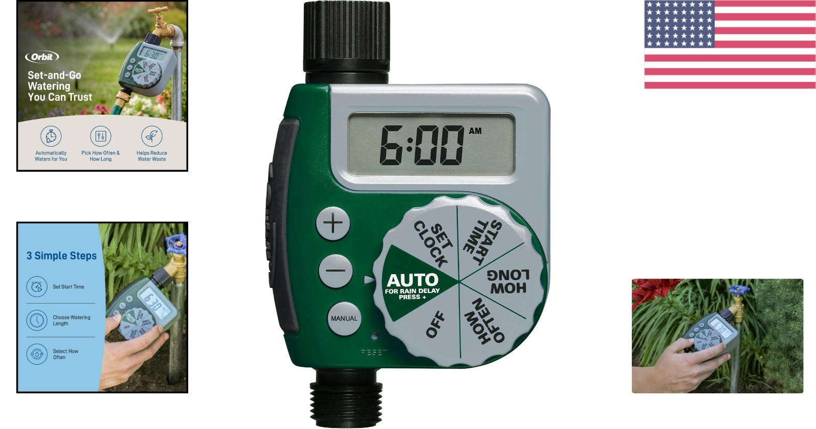 Programmable 1 Outlet Watering Timer with Rain Delay & LCD Screen - Water-Saving