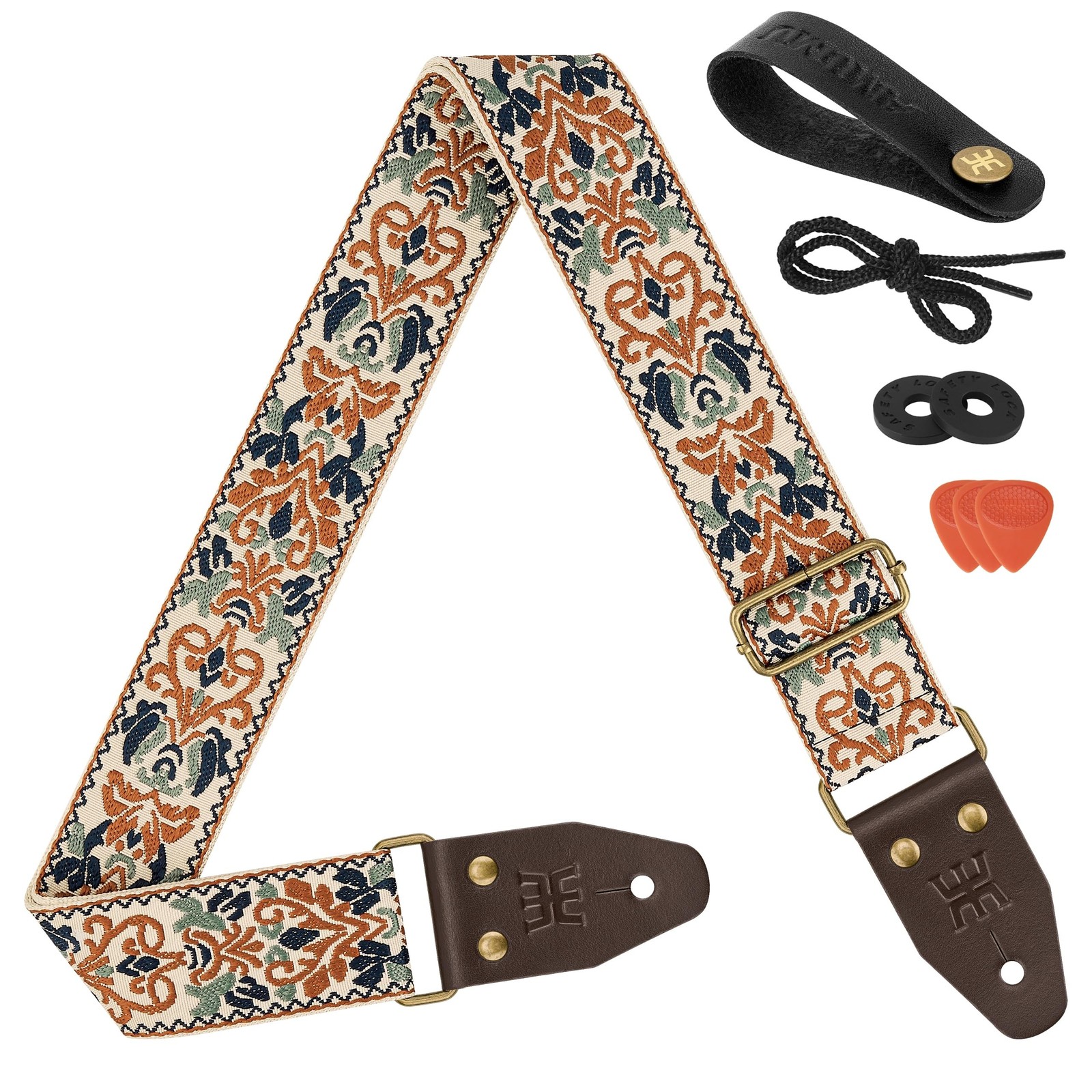 Amumu Beige Brown Spades Heart Embroidery Guitar Strap - Vintage Style with T...