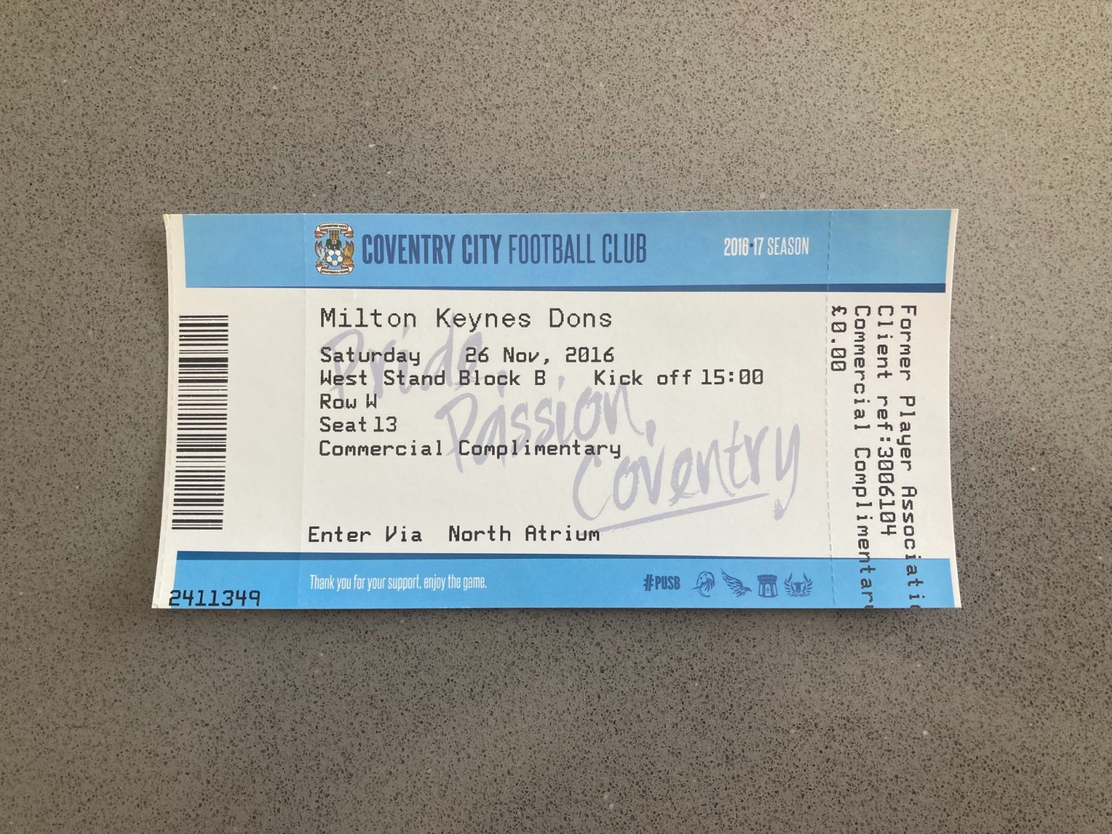 Coventry City v MK Dons 2016-17 Match Ticket