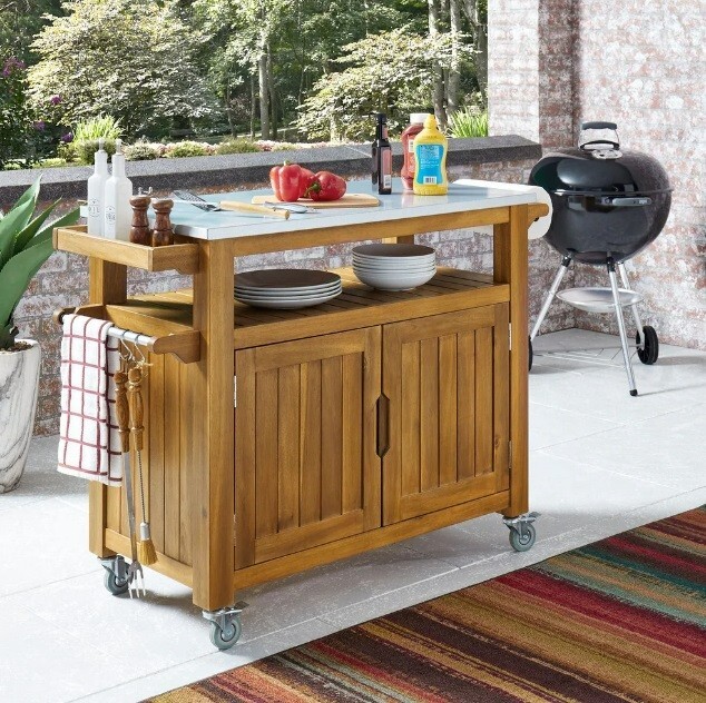 Teak Wood BBQ Bar Buffett Food Prep Table Cart Serving Rolling Patio Outdoor New