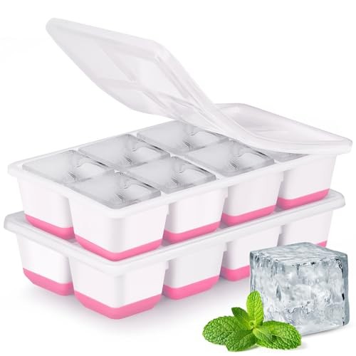 Large Ice Cube Trays with Lid, 2 Pack Stackable Silicone Ice Cube Molds for