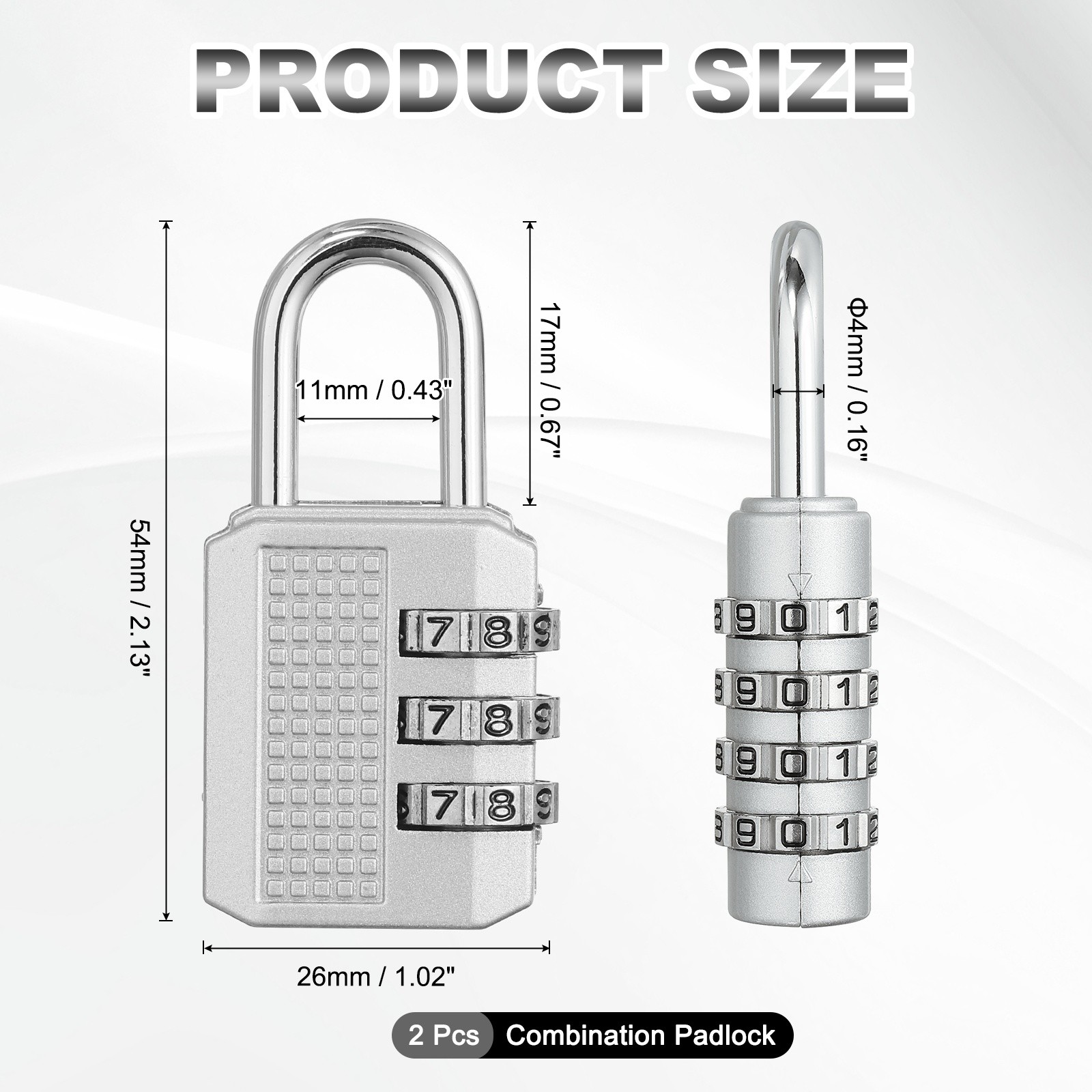 Combination Padlock (Medium, Silver)(2 Pcs), 3-Digit Shackle Code Locks
