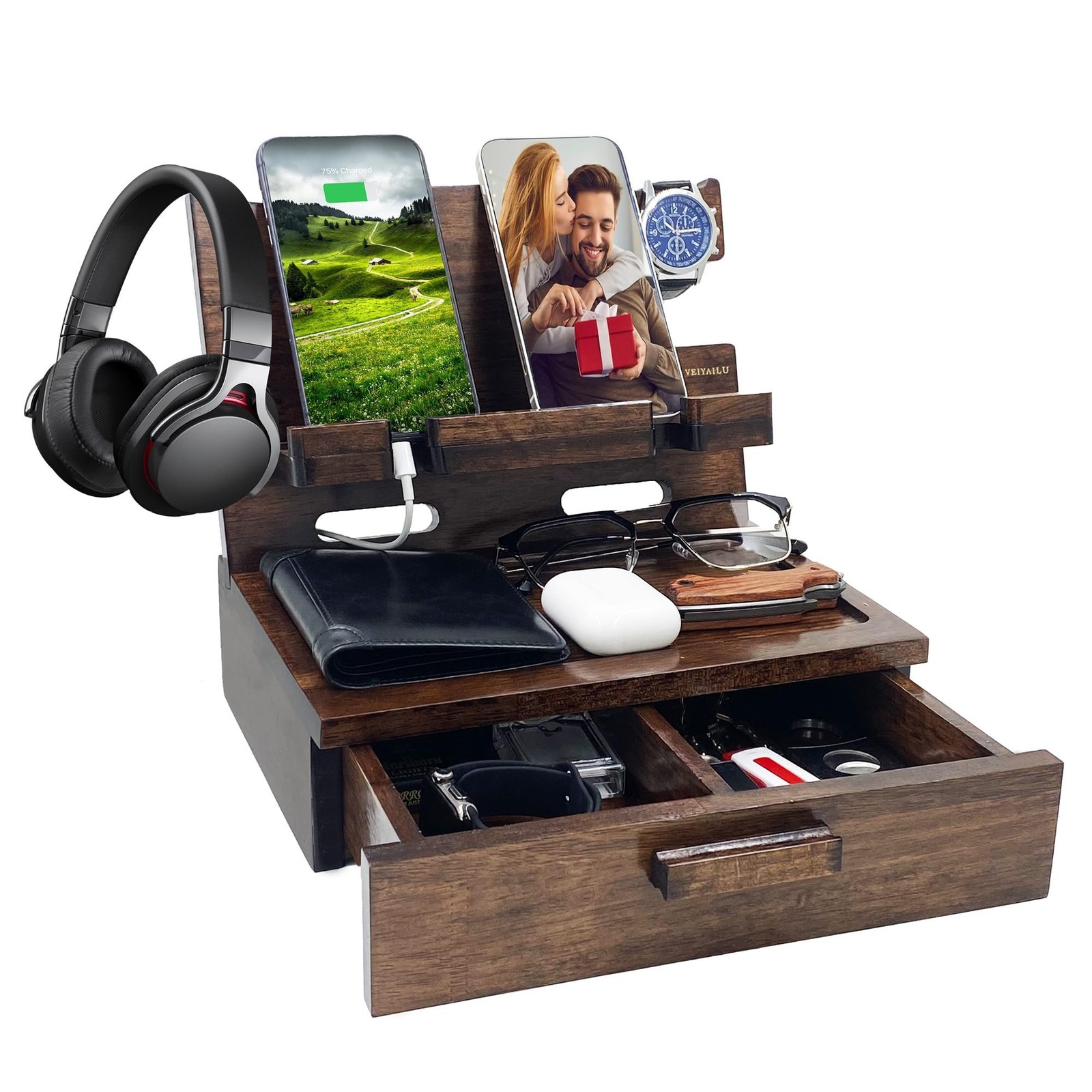Gifts for Men Women Husband Son Boyfriend Him Nightstand Organizer Wood Phone...