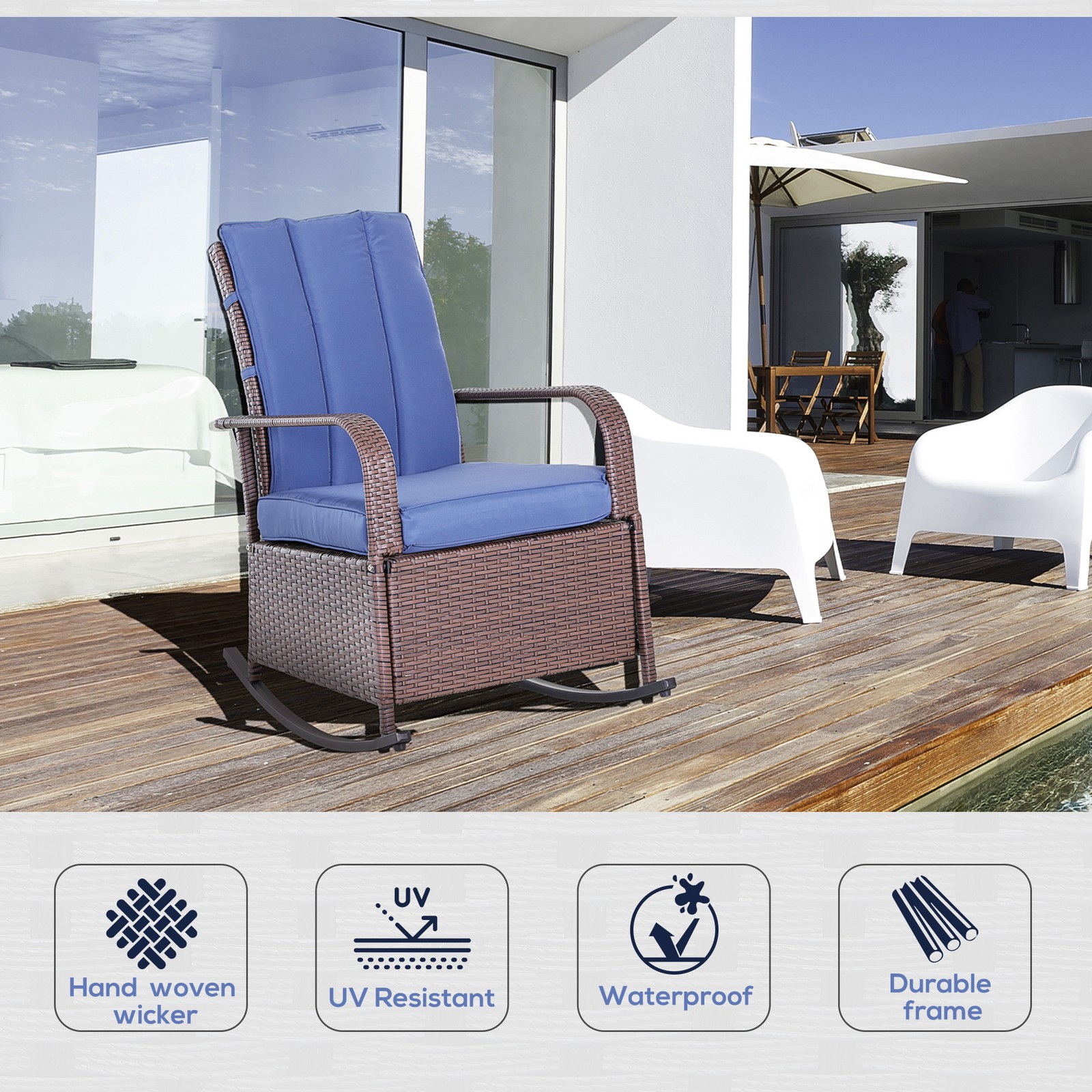 Wicker Outdoor Rocking Chair, Patio Recliner with Adjustment Backrest, PE Rattan
