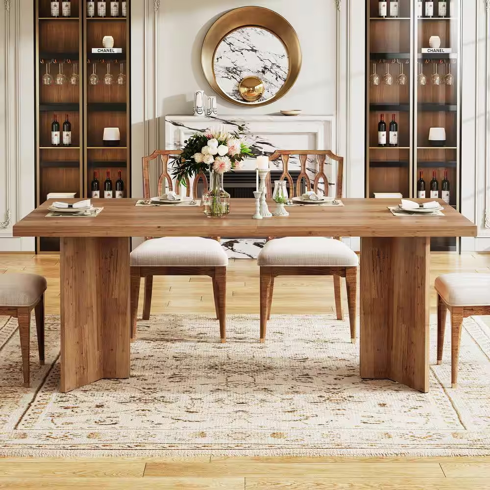 Farmhouse Brown Engineered Wood 63 In. Pedestal Dining Table Seats 6
