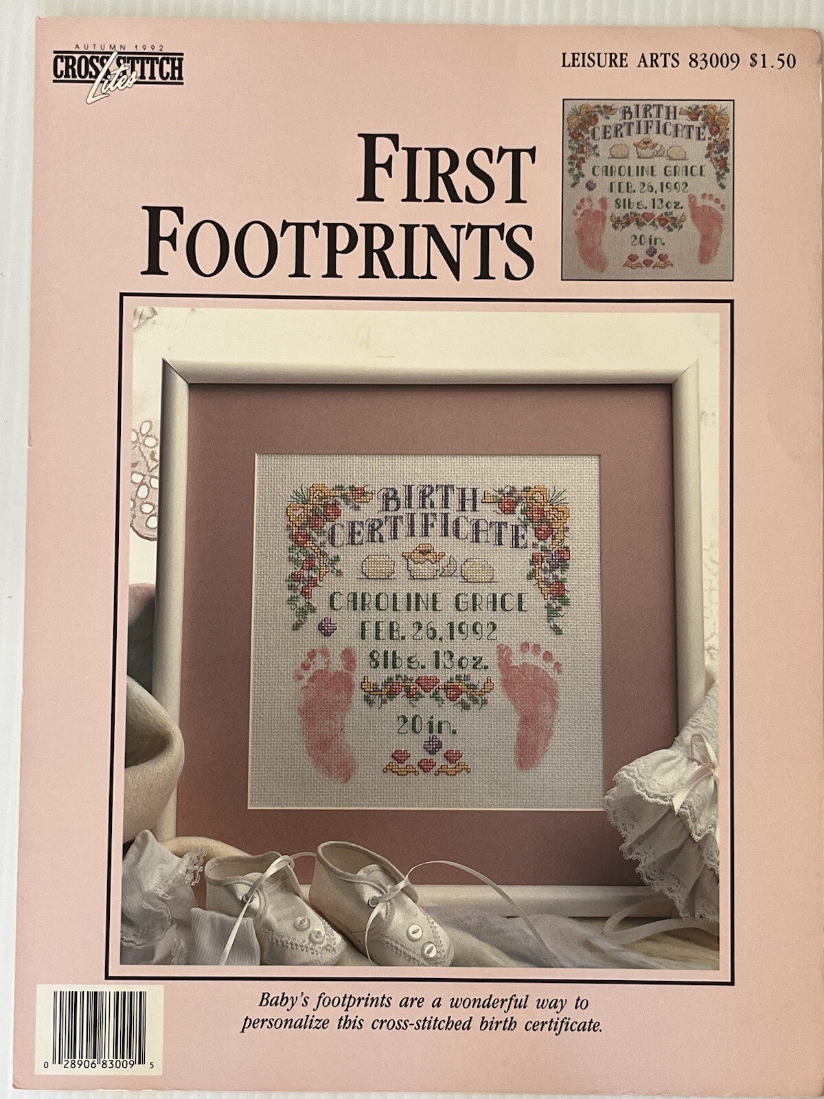 Leisure Arts Cross Stitch Pattern Leaflet 83009 First Footprints Baby
