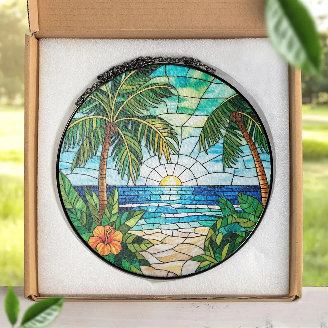Personalized Beach Scenery Stained Glass Suncatcher, Decor Gift