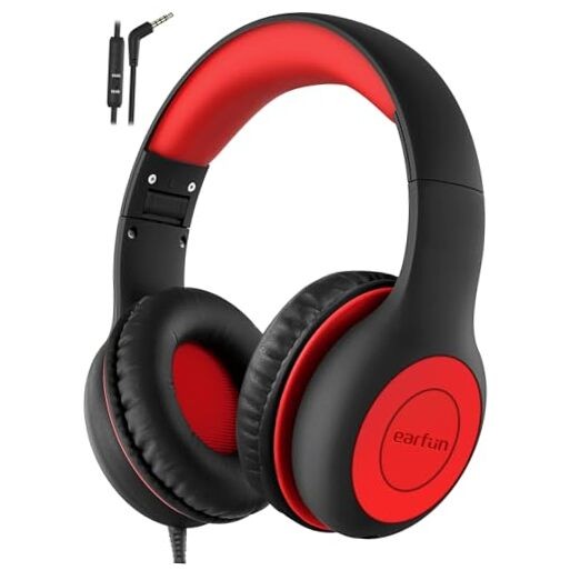 K1 Kids Headphones Wired with Microphone, 85/94dB Volume Limit Black Red