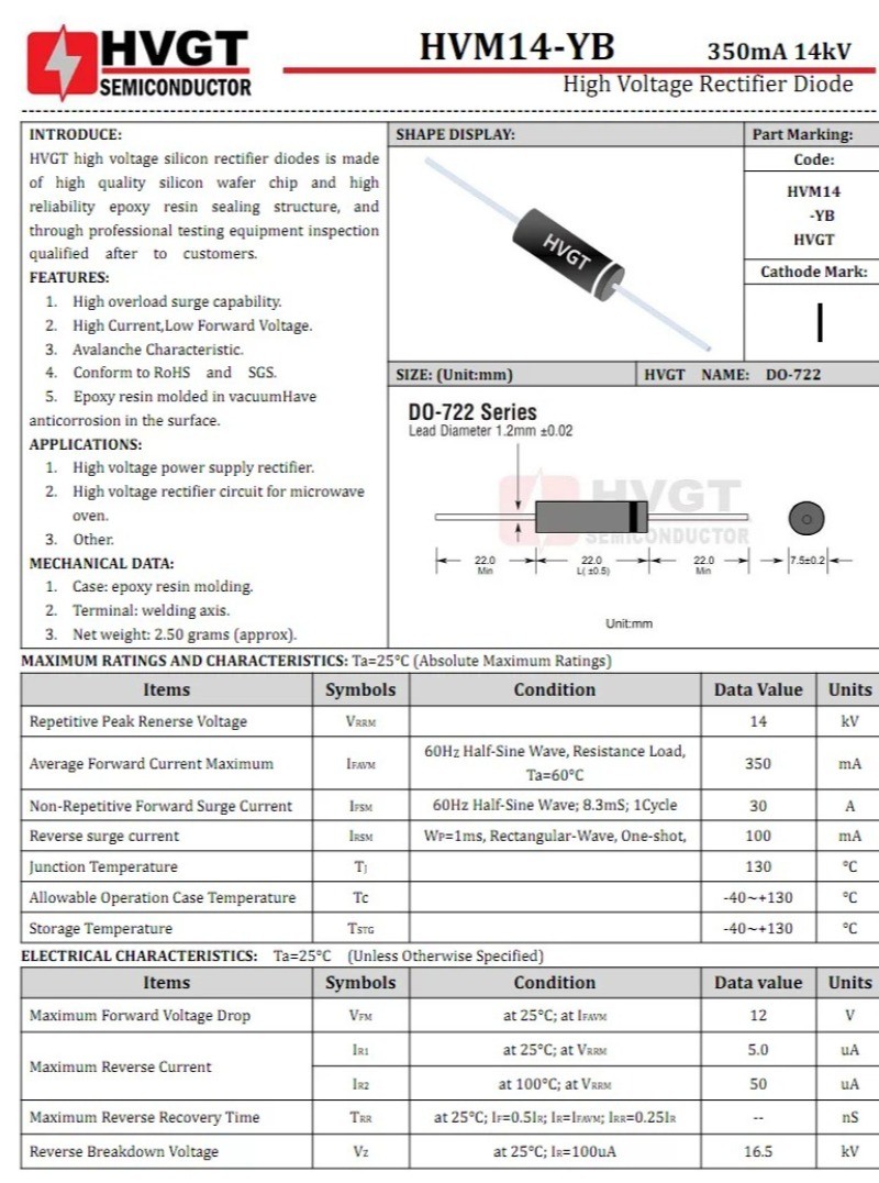 20PCS HVGT HVM14-YB 350mA 14kV high-voltage rectifier diode