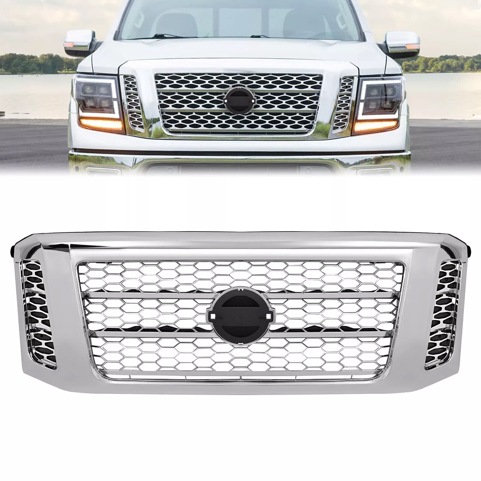 New For 2017-2019 Nissan Titan XD Upper Gas Grille Grill Assembly Chrome Silvery
