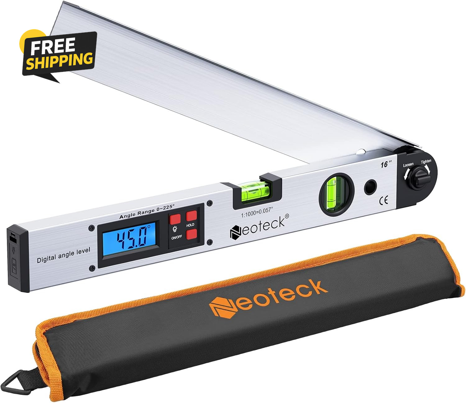 16" Digital Angle Finder 225° LCD Aluminum Protractor Bubble Level ±0.5°