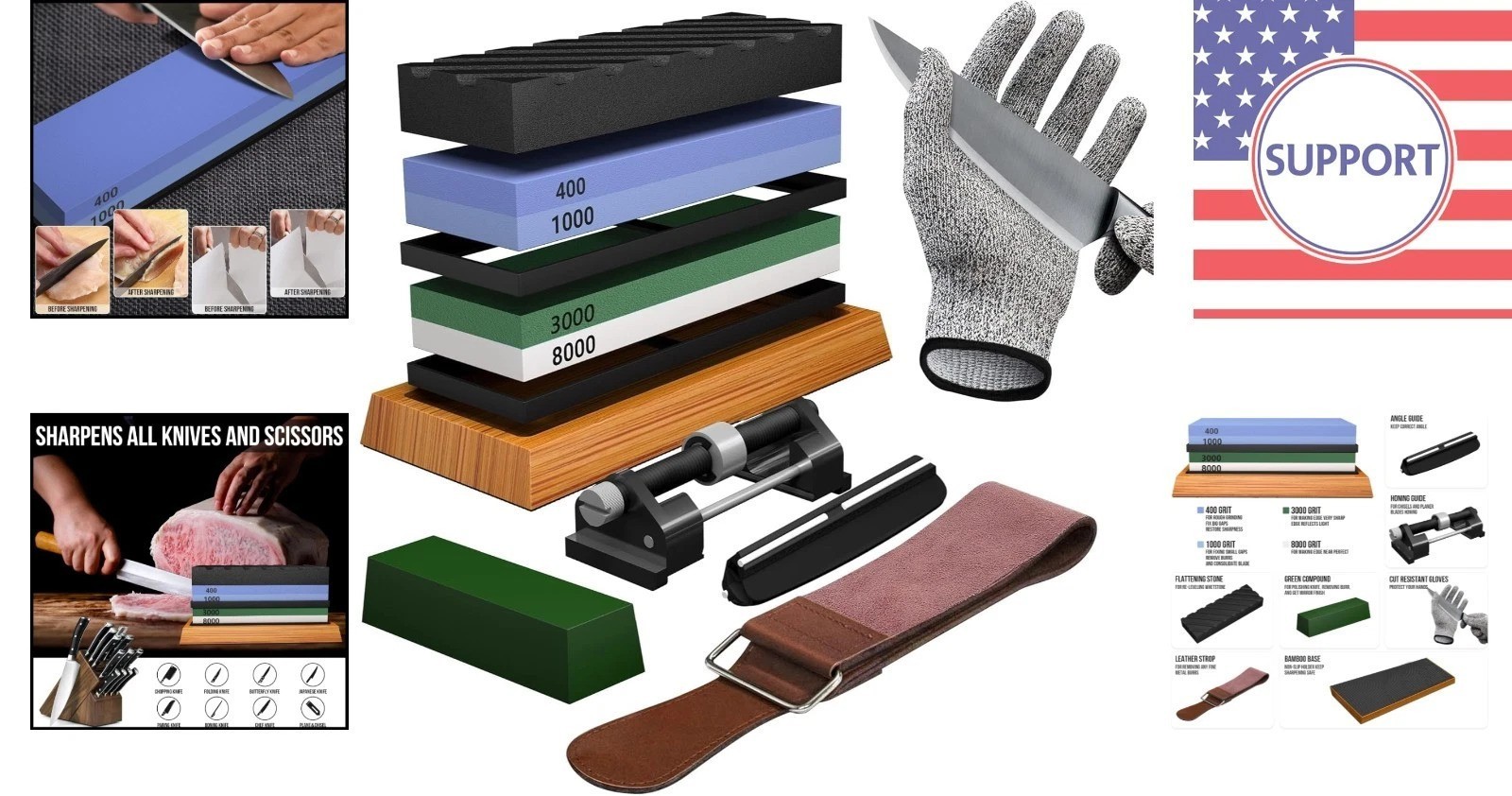 Multi-Purpose Whetstone Knife Sharpener with Cut Resistant Gloves & Strop