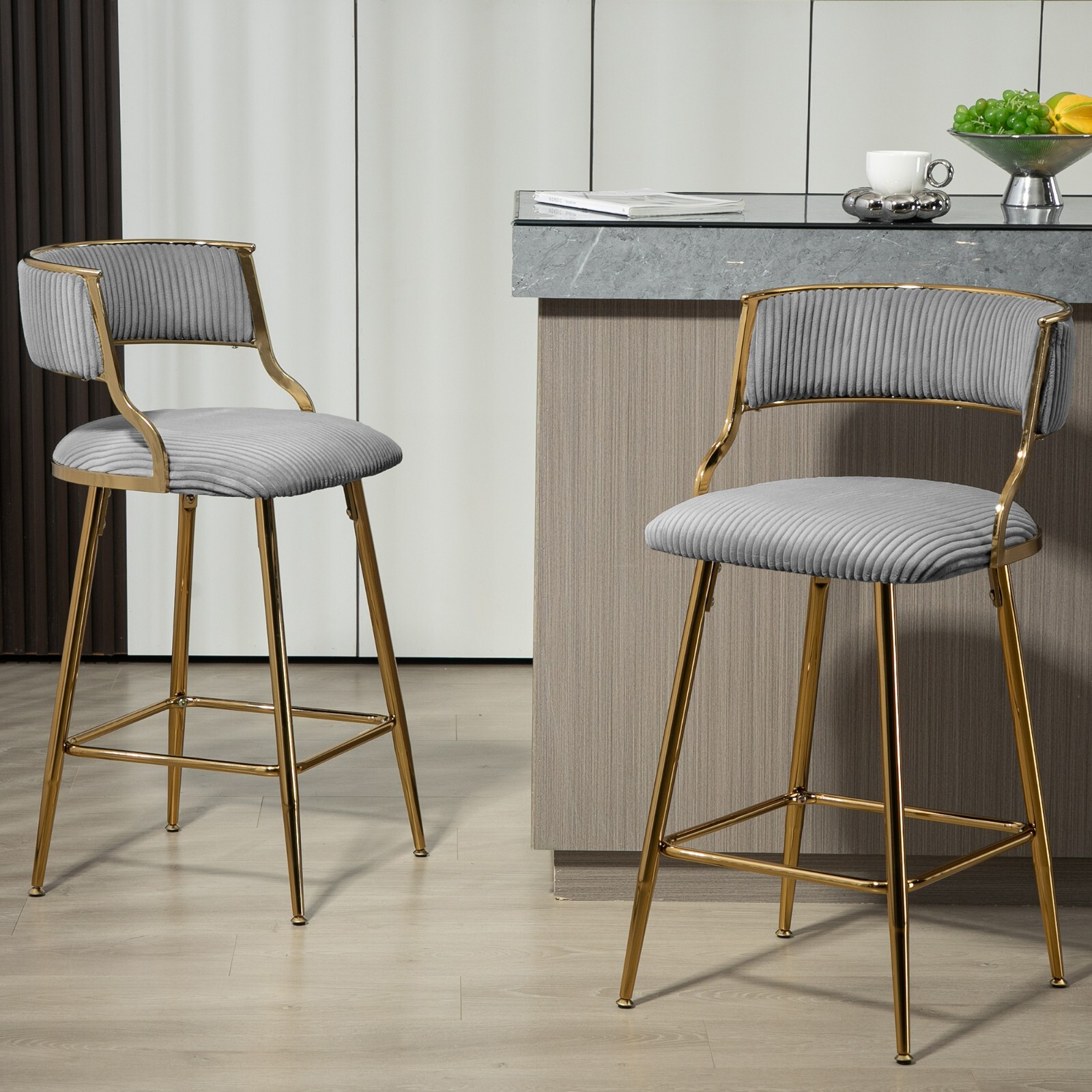Counter Height Bar Stools Golden Chromed Base Corduroy Barstools Back Set of 2