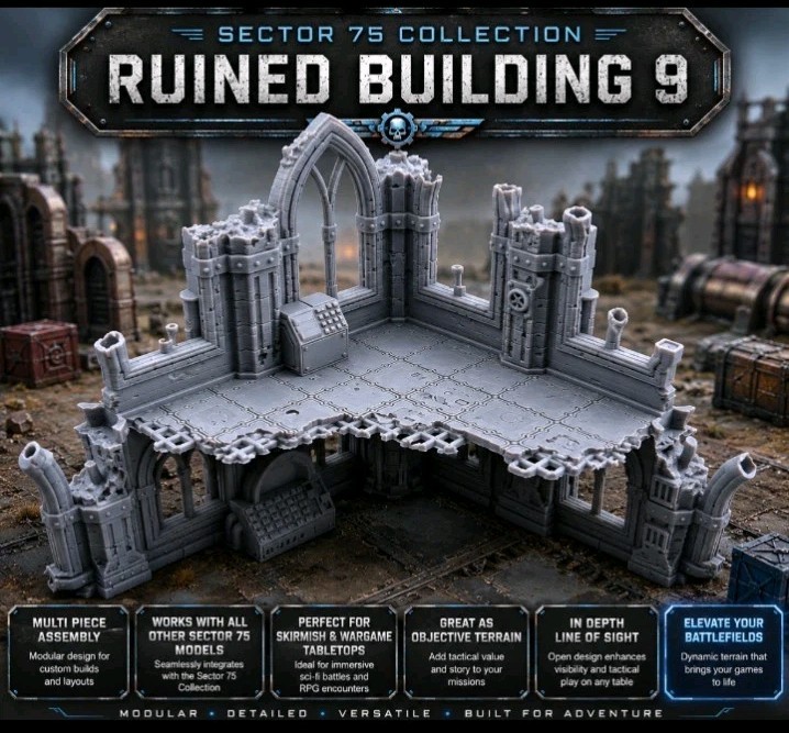 War Torn Sector 75 Modular Sci-Fi Ruin Building 9 -32mm Scale -Terrain
