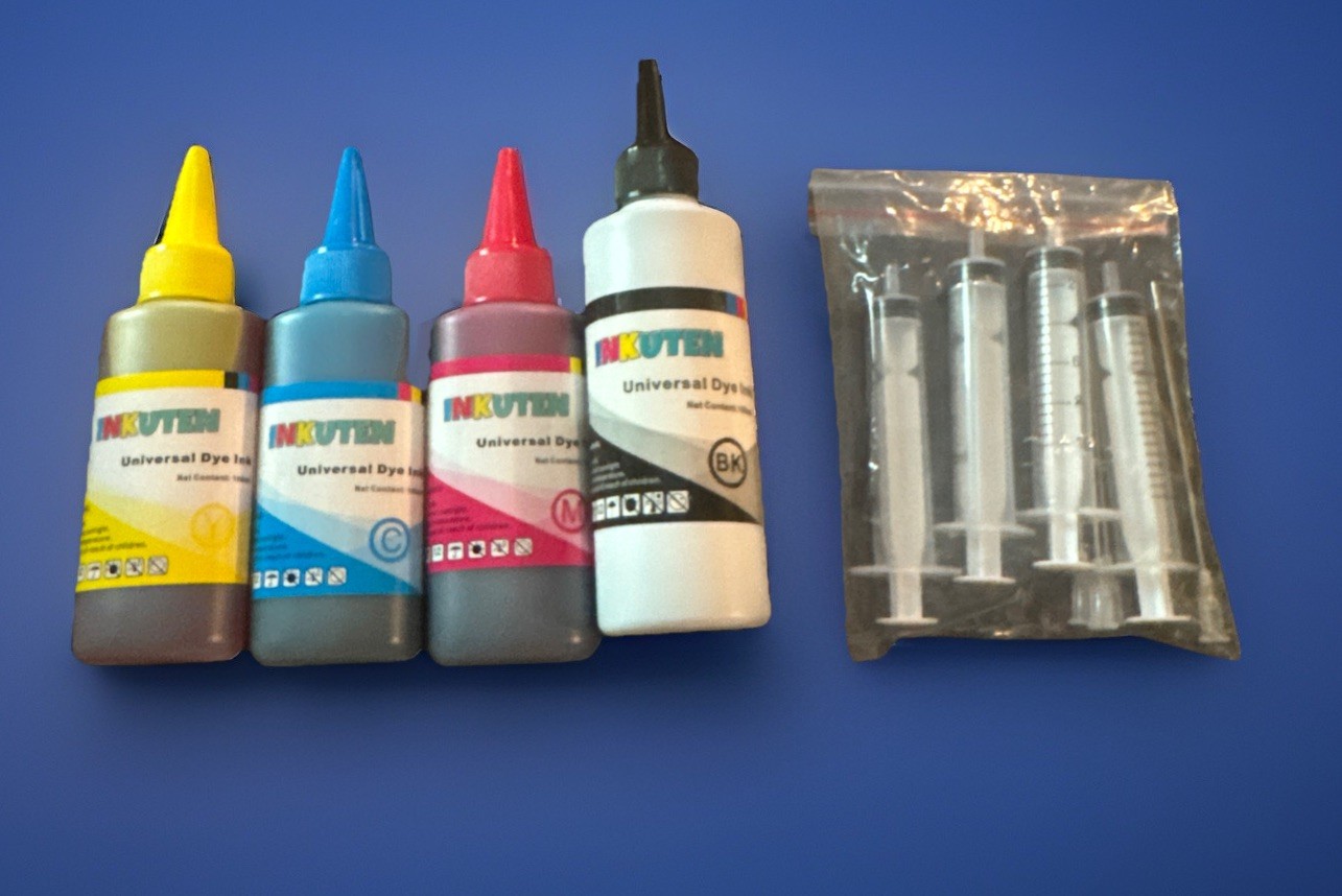 Inkuten Universal Dye Ink Set - Black, Red, Blue And Yellow With Syringes - New