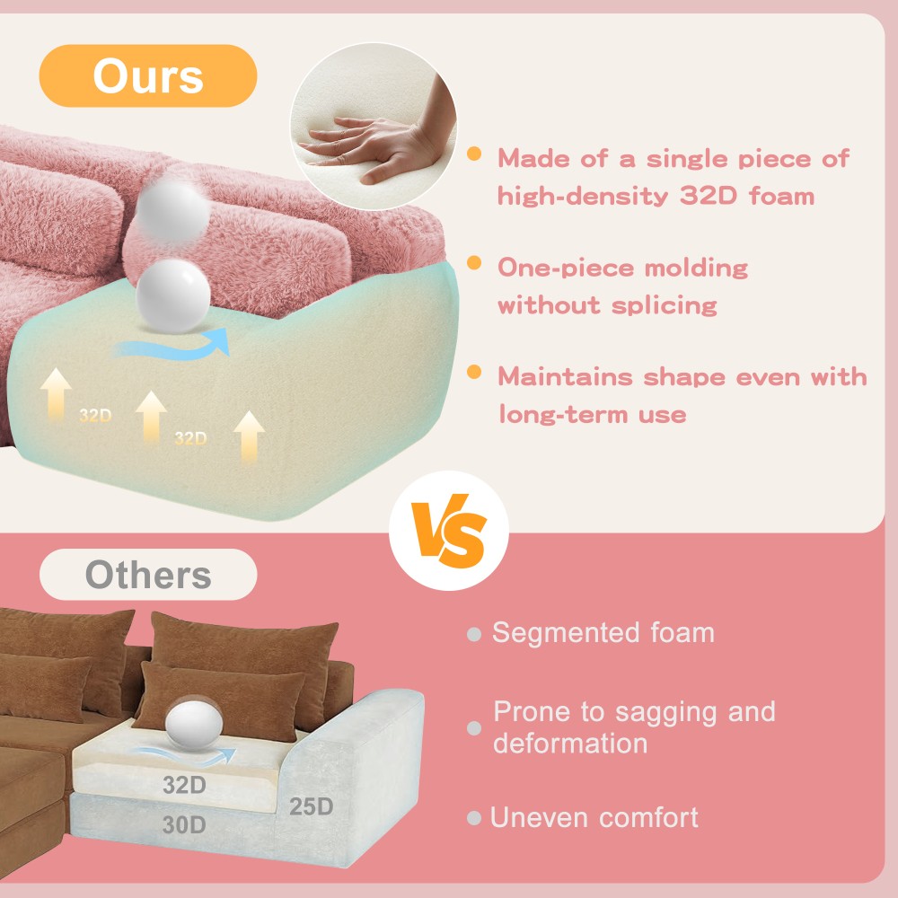 2-seater Sectional Couches Soft Fluffy Plush Fabric Bottom Anti-Slip Design Pink