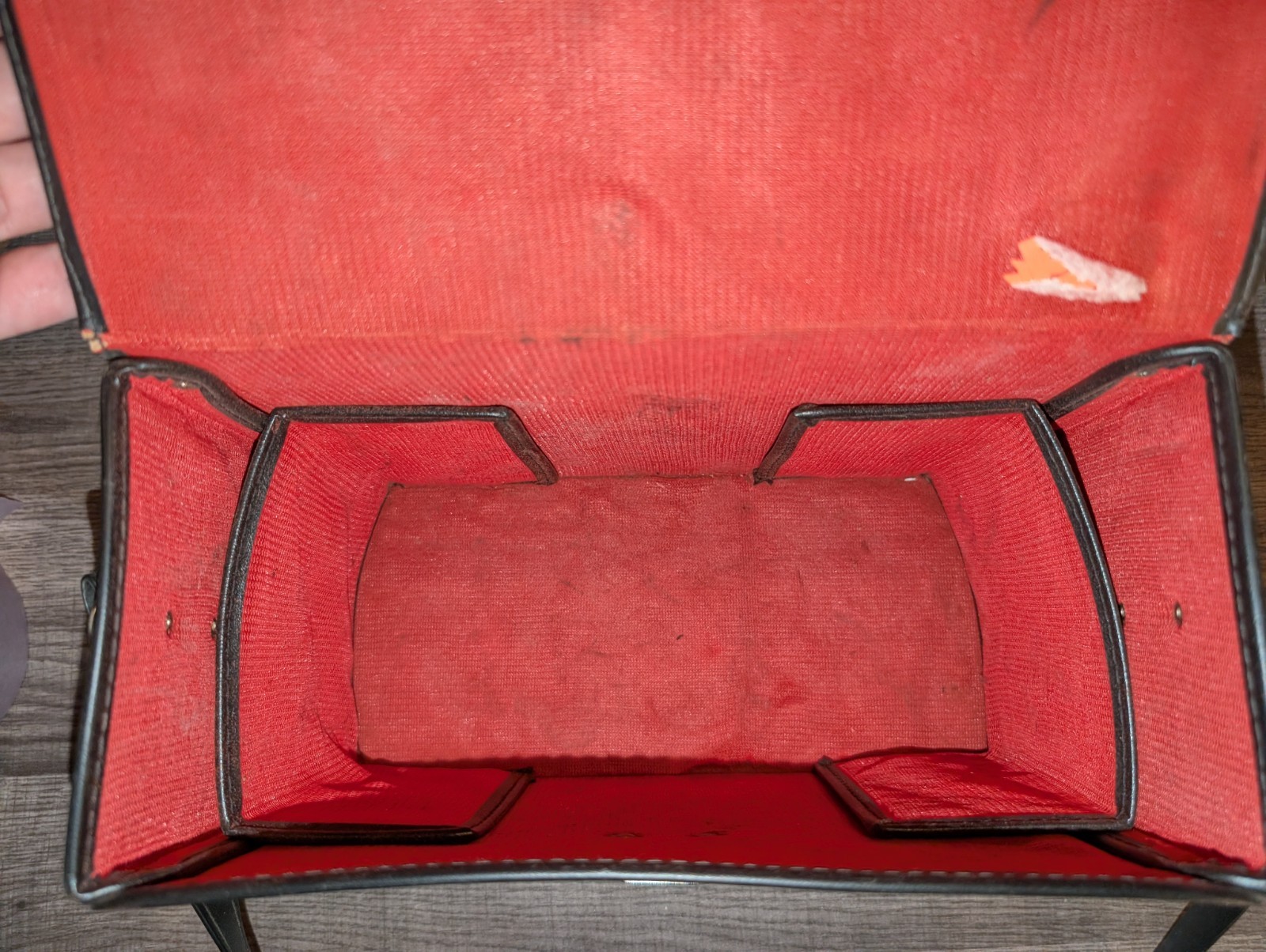 black hard-sided case with red interior dividers and shoulder strap (#242)