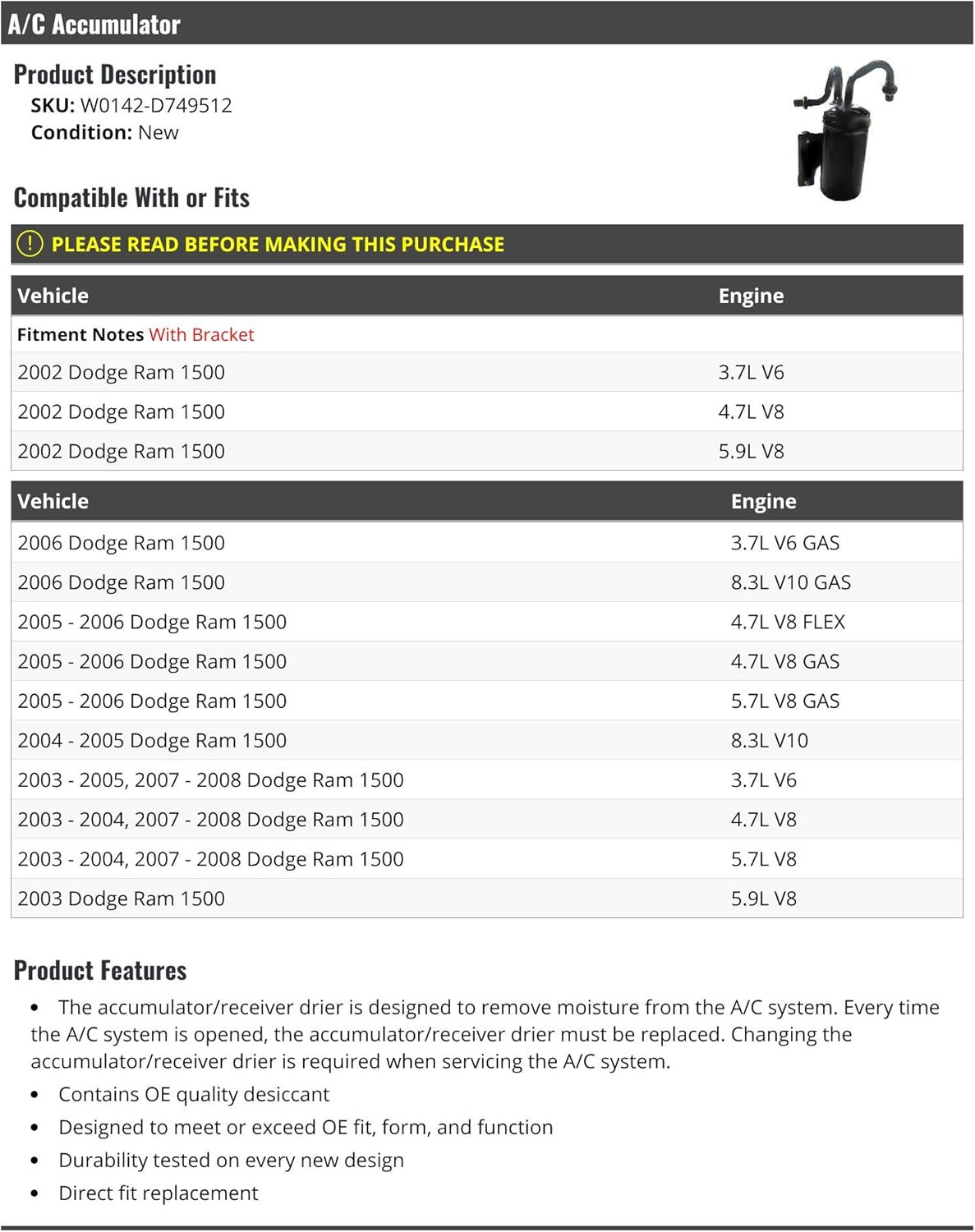 A/C Accumulator Compatible with 2002-2008 Dodge Ram 1500