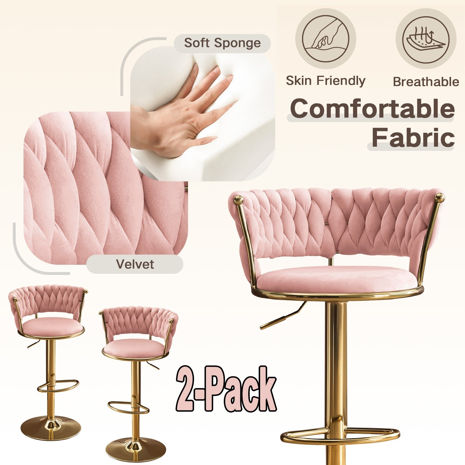 Swivel Counter Height Bar Stools Set of 2, 24-32'' Velvet  Comfortable,24h Ships