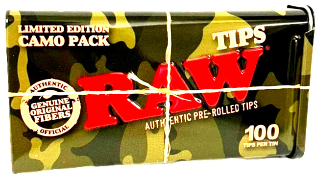 RAW PRE-ROLLED CAMO TIPS Filter Tips 100 Count Tin Case *Great Price* USA SHPD