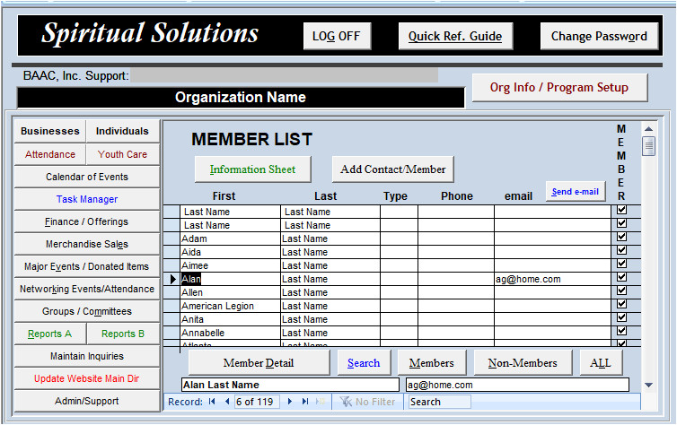Church database management app named Spiritual Solutions, MS Access Database