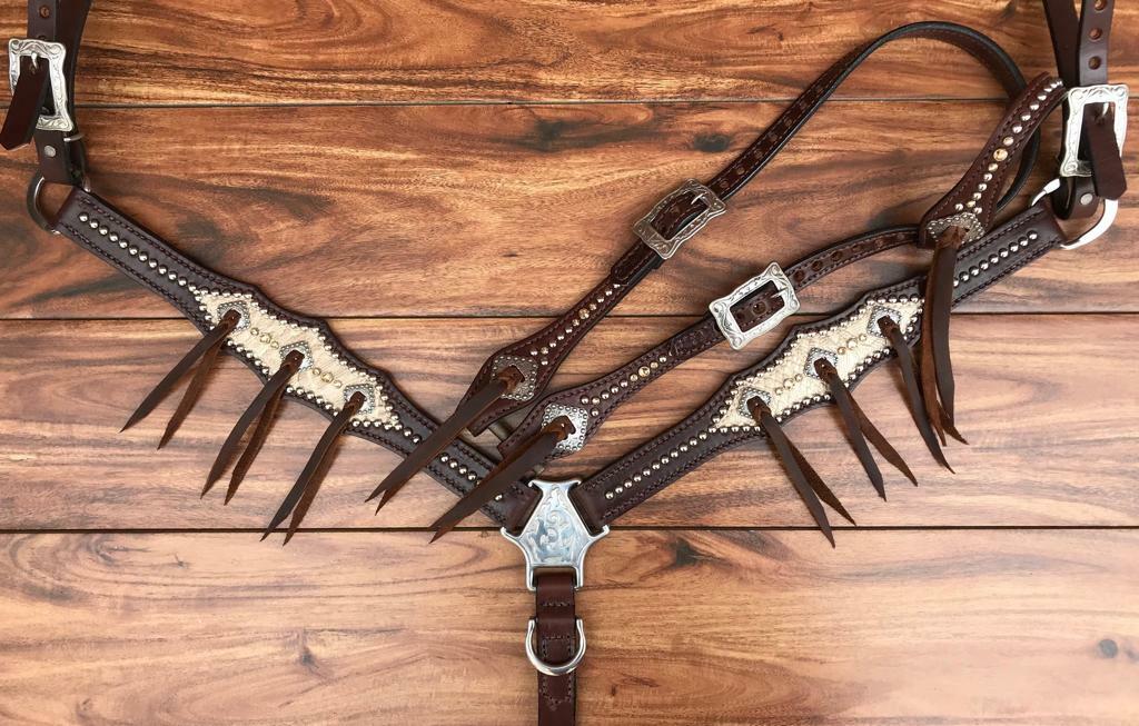 Western Brown Leather Tack set of Headstall & Breast collar with White Overlay