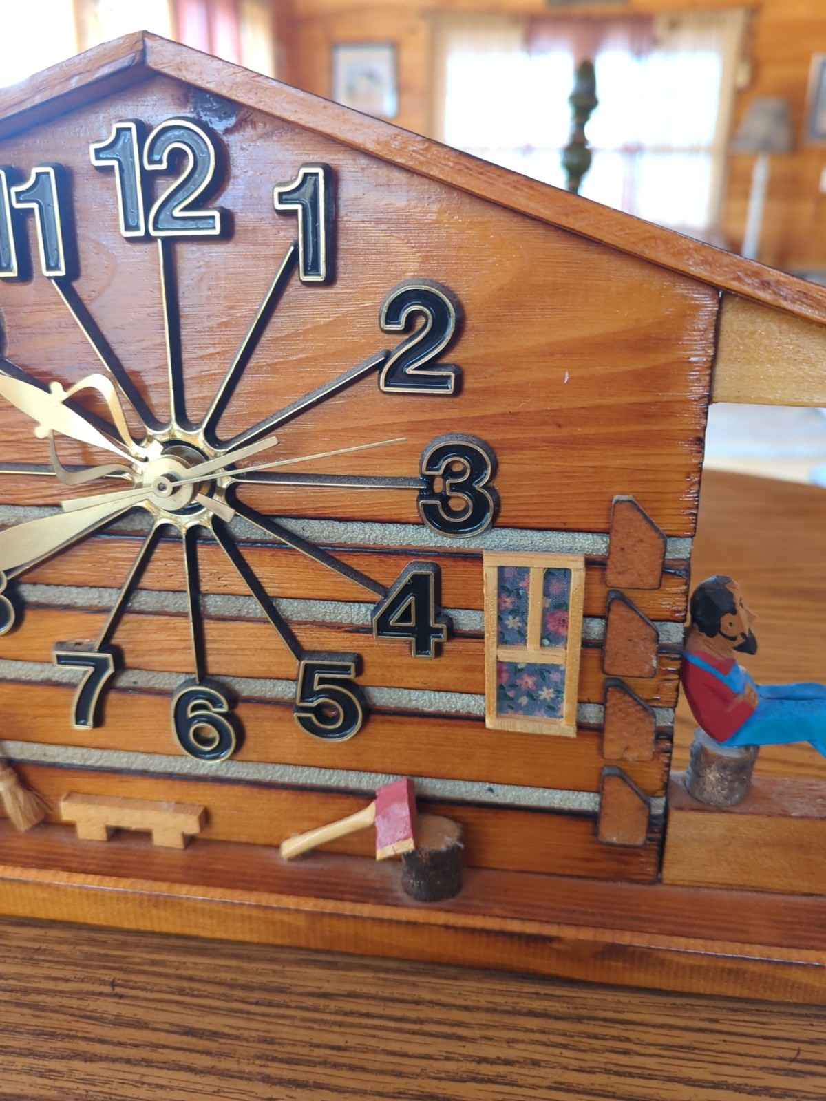 1993 Bob Bolduc Folk Art Hillbilly Heaven Log Cabin Wall Mantle Clock 15.5"x9.5"