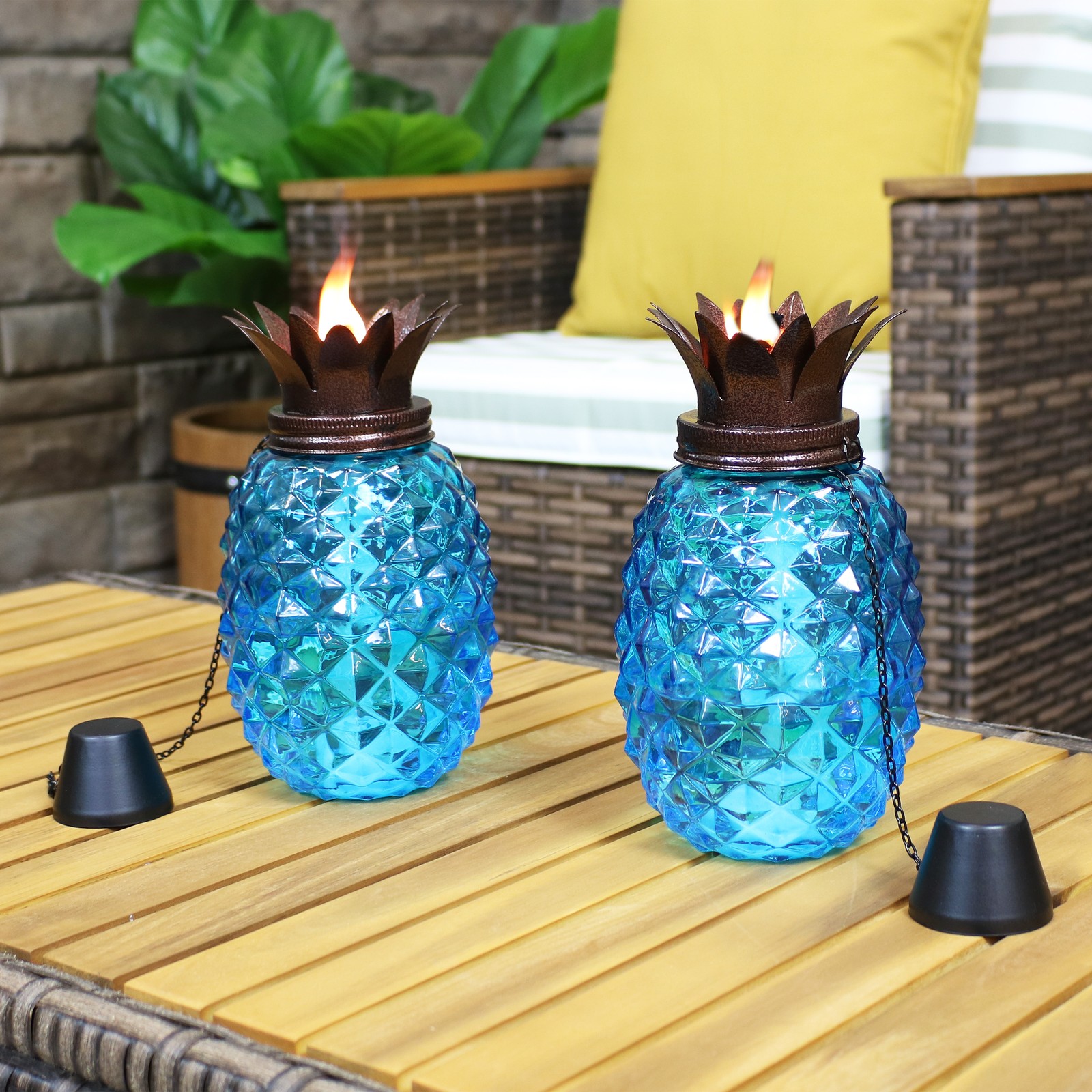 Glass Tropical Pineapple 2-in-1 Outdoor Torch - Blue - Set of 2 by Sunnydaze
