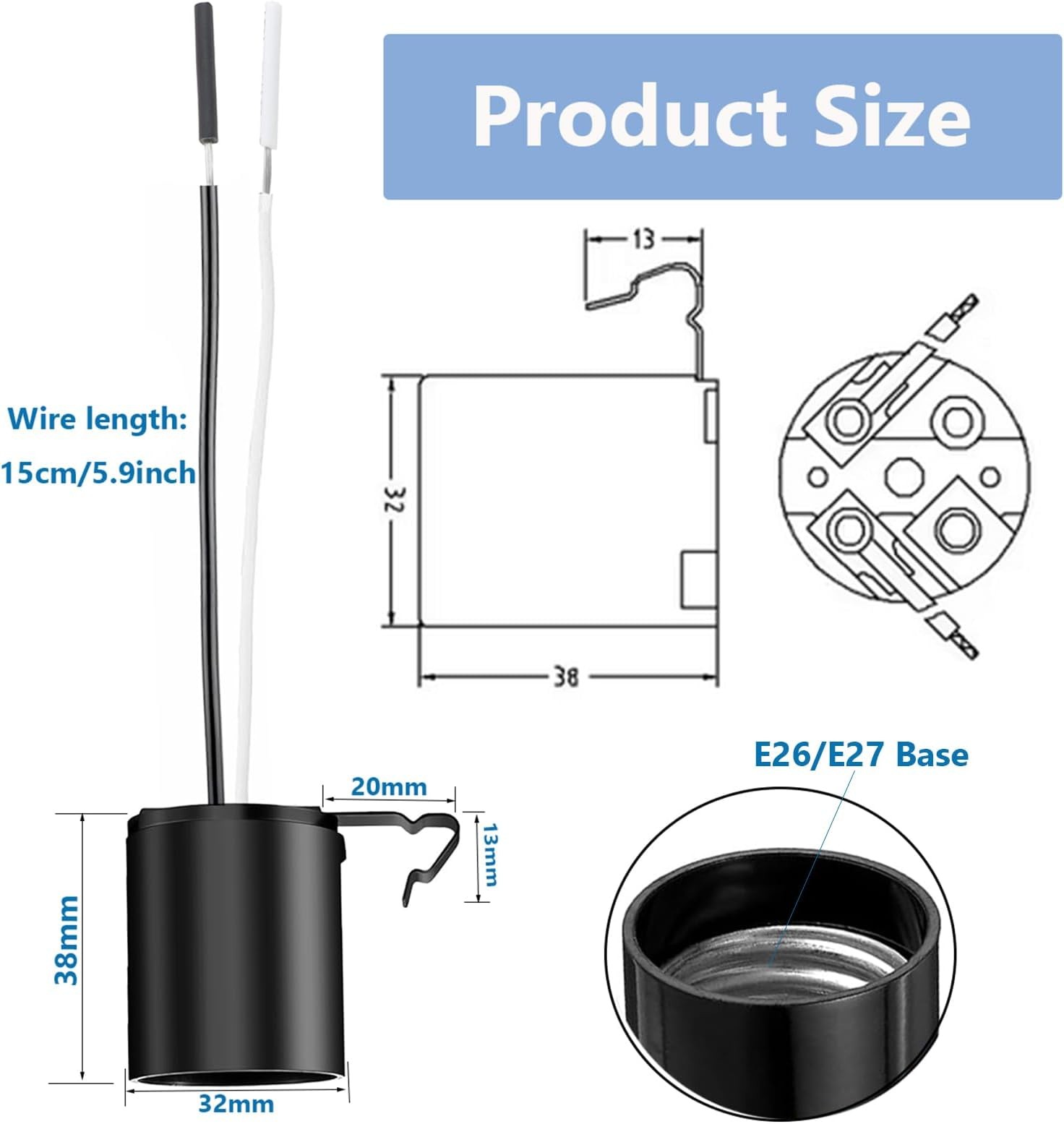Phenolic Medium Base E26 Fixture Socket, Keyless US Standard Lamp Holder for ...