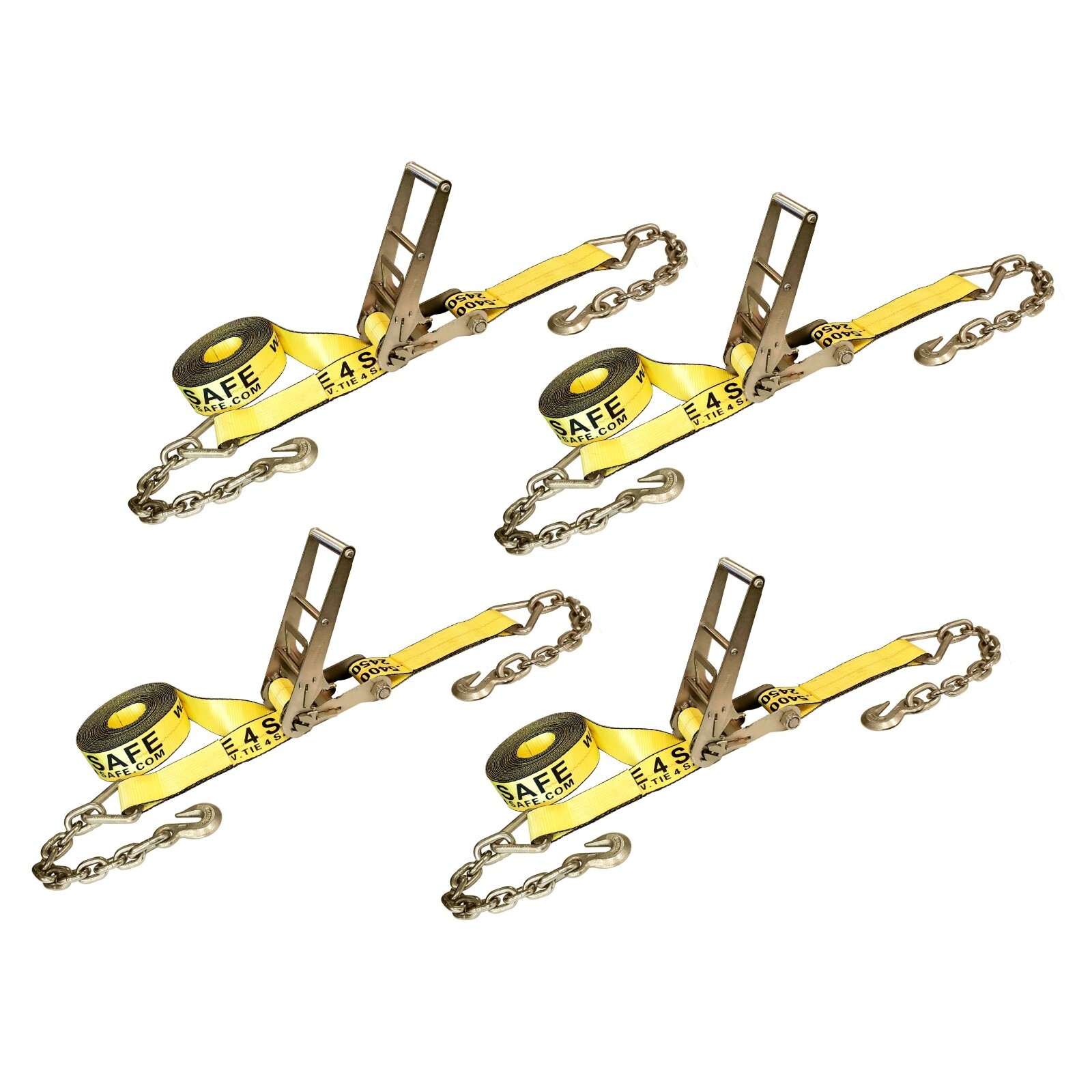 4 Pack 3" x 30' Ratchet Tie Down Strap w/Chain Extension WLL 5400 LBS YELLOW
