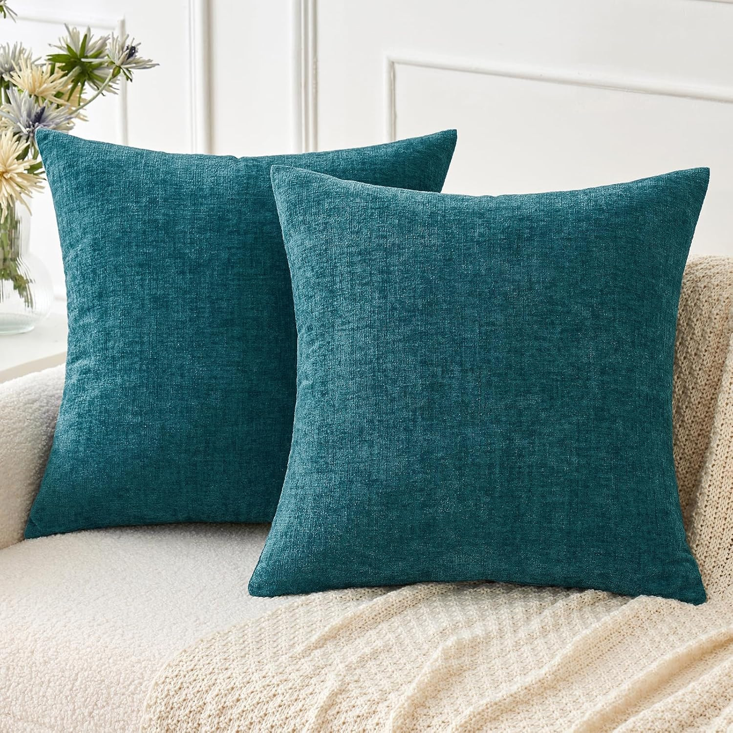 MIULEE Pack of 2 Dark Teal Throw Pillow Covers 18X18 Inch Soft Chenille Pillow C