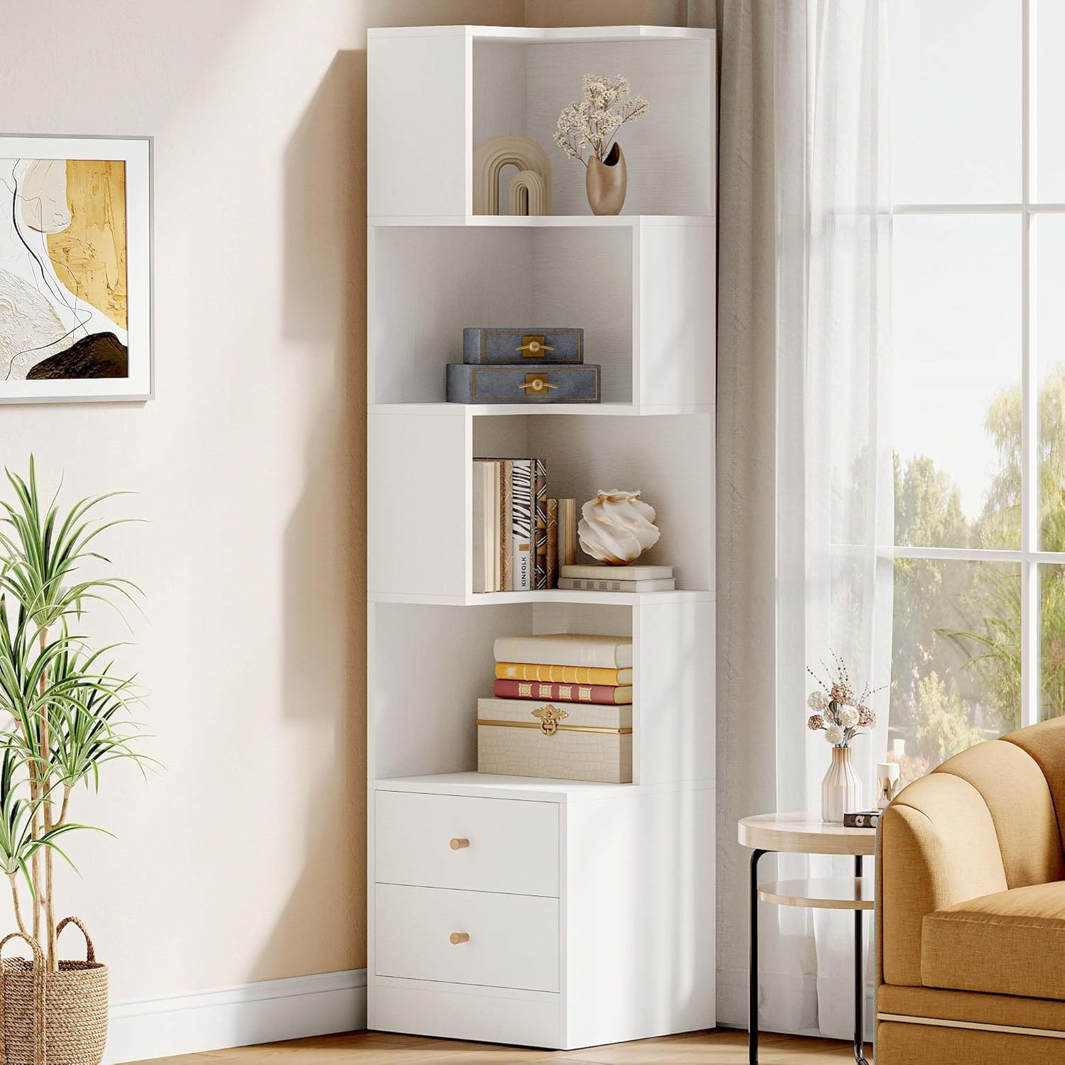 IRONCK Corner Bookshelf, 70.87" Tall Corner Bookcase with Drawers, Corner Shelf