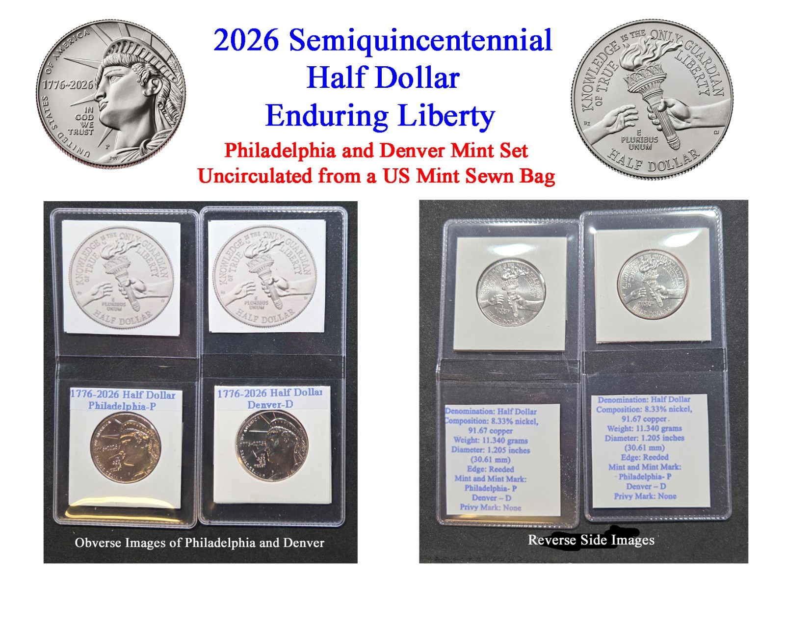 2026 P & D Semiquincentennial Enduring Liberty Half Dollar BU 2 Coin Set