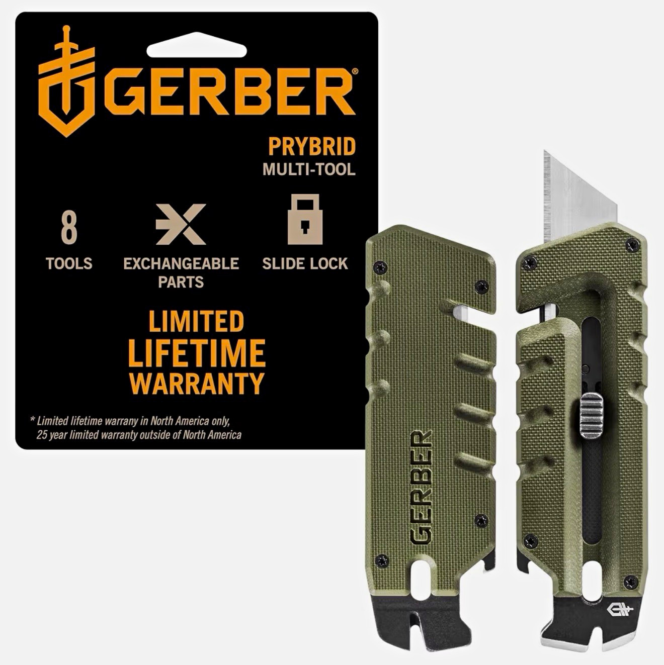 Gerber Prybrid Multi-Tool OD Green G-10 Scales Slide Lock 8 Tools 2.9 oz
