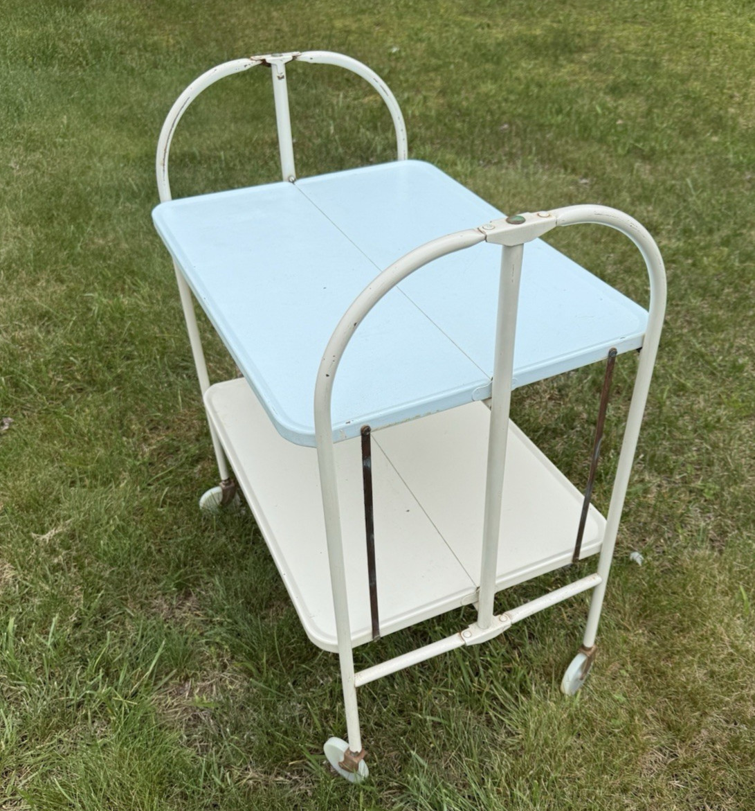 Fold N Roll Versa-Table 2 Tier Rolling Cart Foldable Metal Vintage Farmhouse