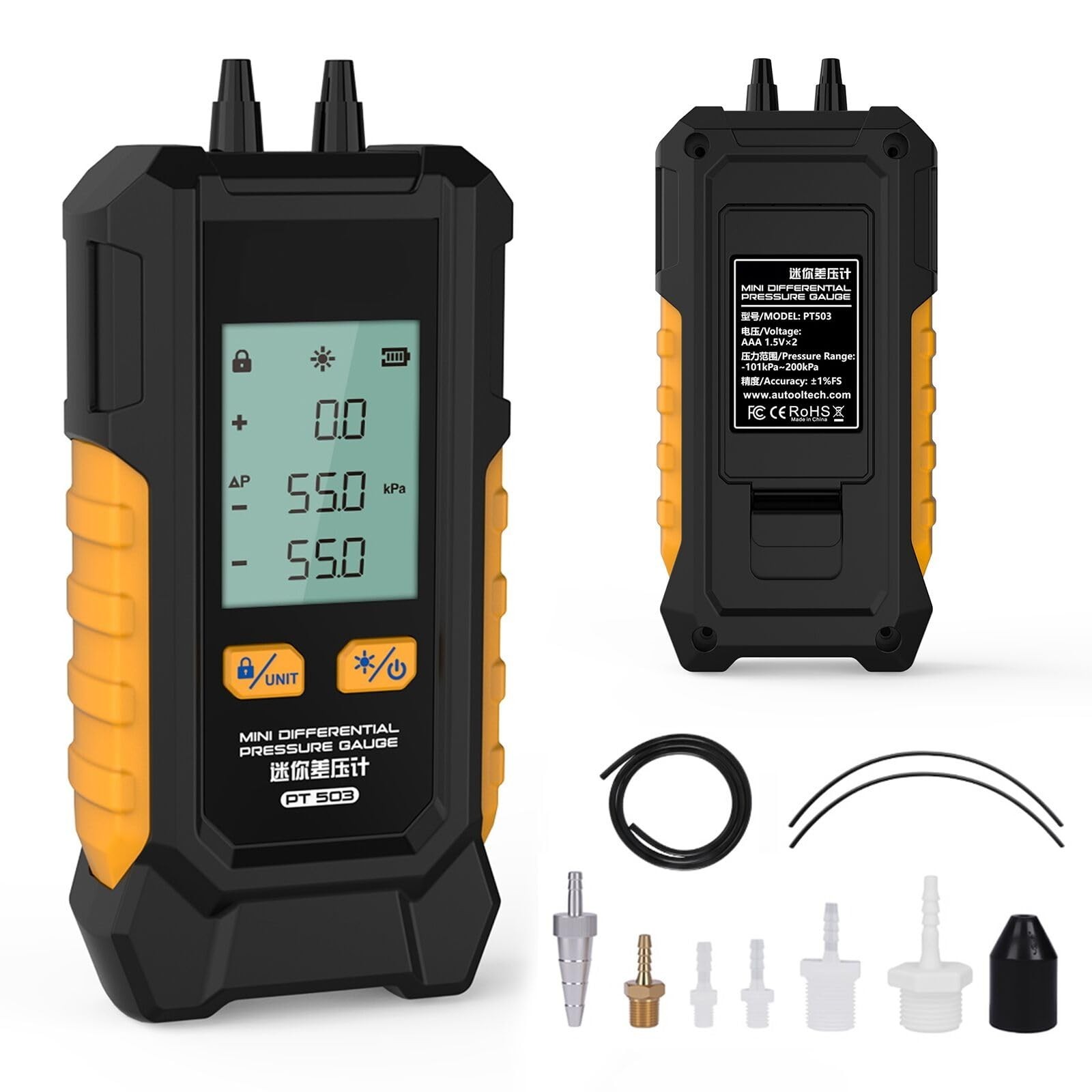 Manometer, Dual-Port Manometer HVAC Gas Pressure Tester with 7 Adapters, 6 Un...