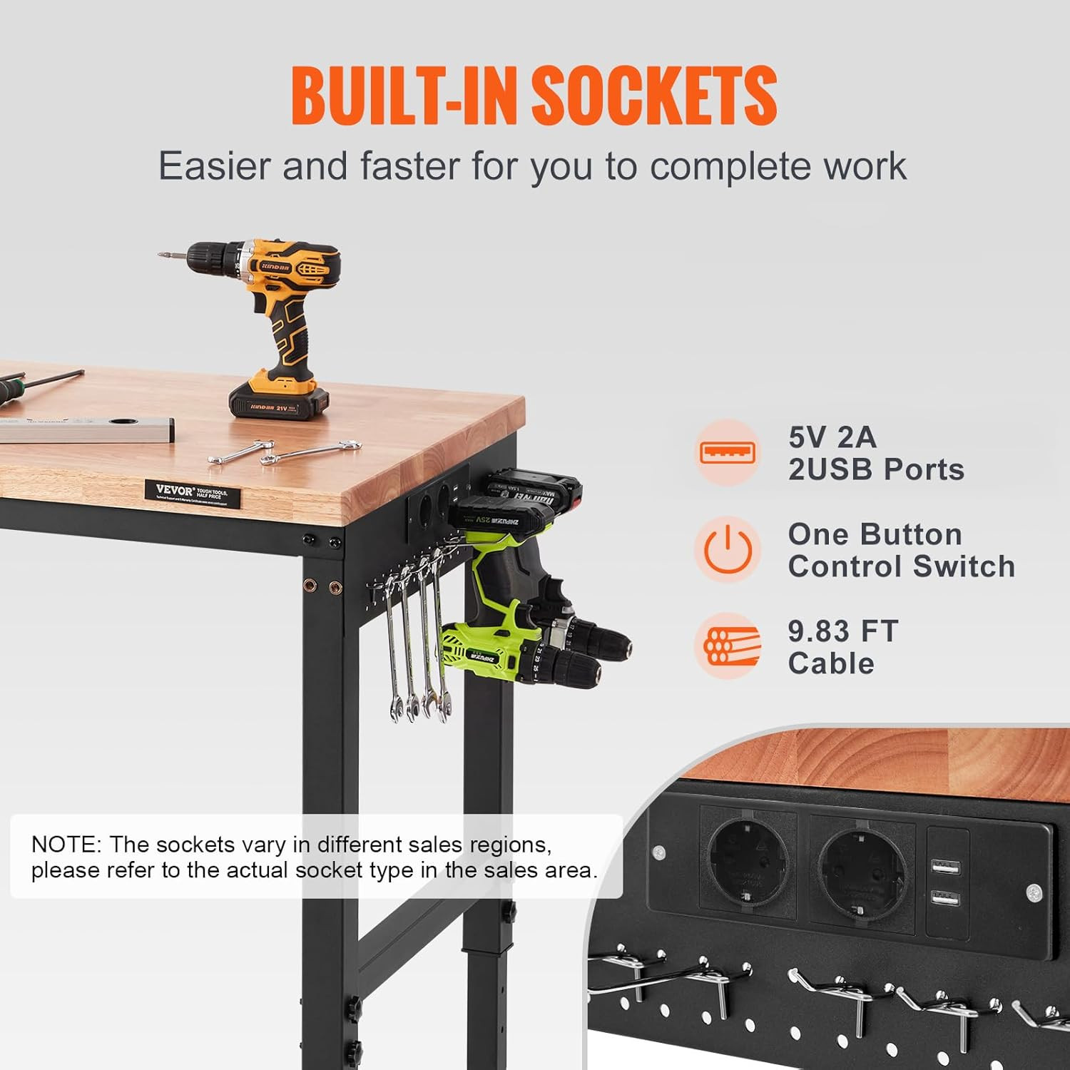 Workbench for Garage 72" Adjustable Workbench, Heavy-Duty Hardwood Worktable wit