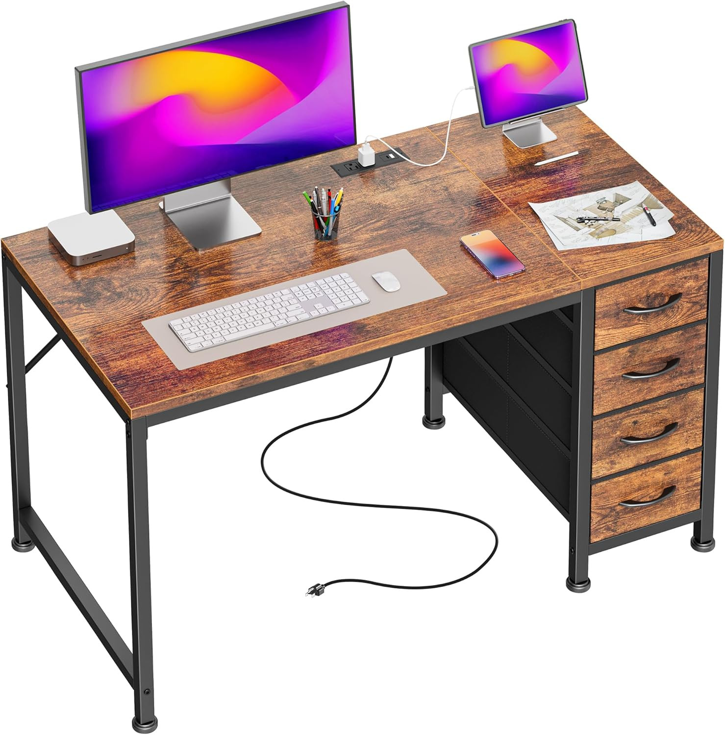 PRAISUN 39.4 Inch Computer Office Desk with Power Outelts and USB-C Port, Revers