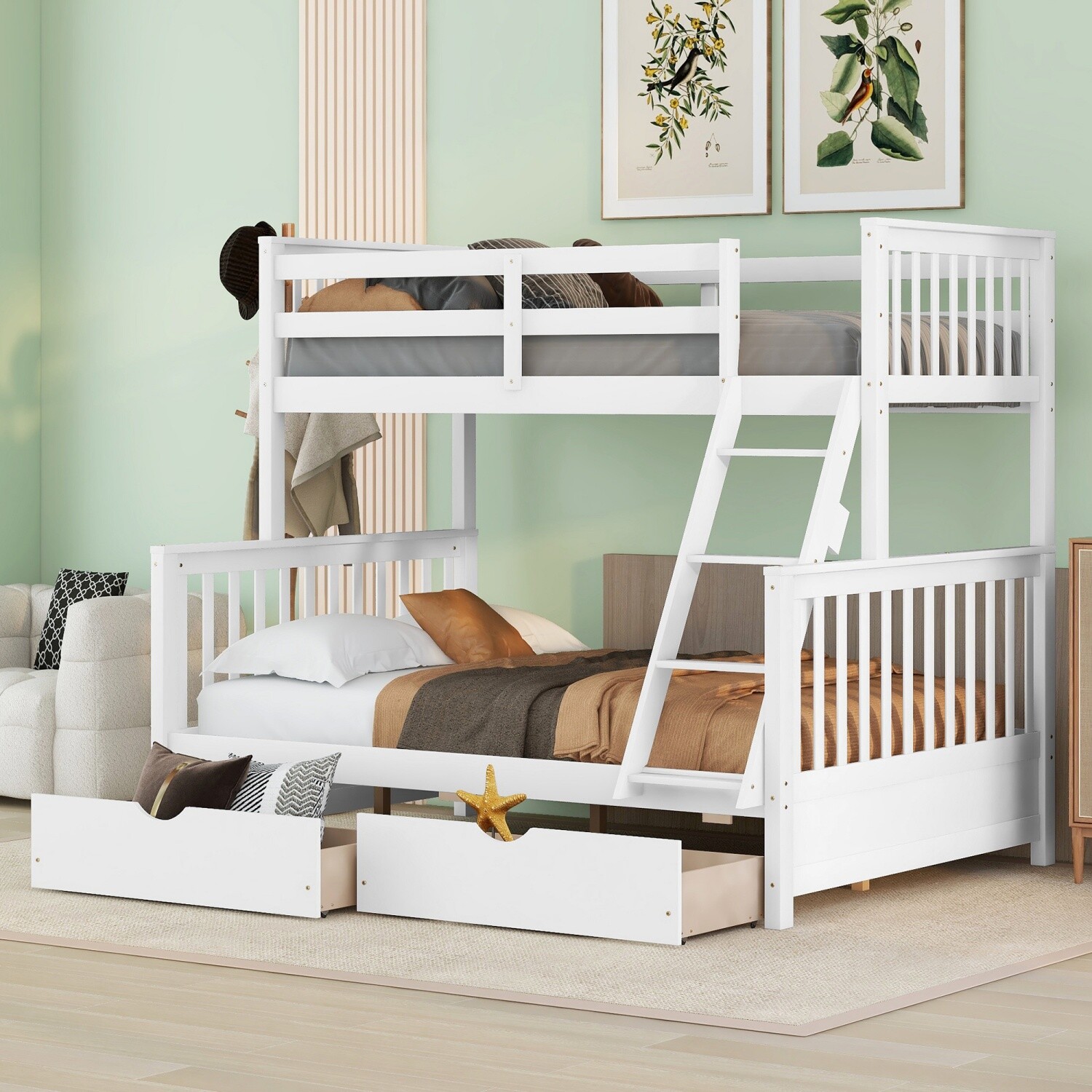 Twin Over Full Bunk Bed Convertible Wood Bed Frame w/ 2 Storage Drawers & Ladder