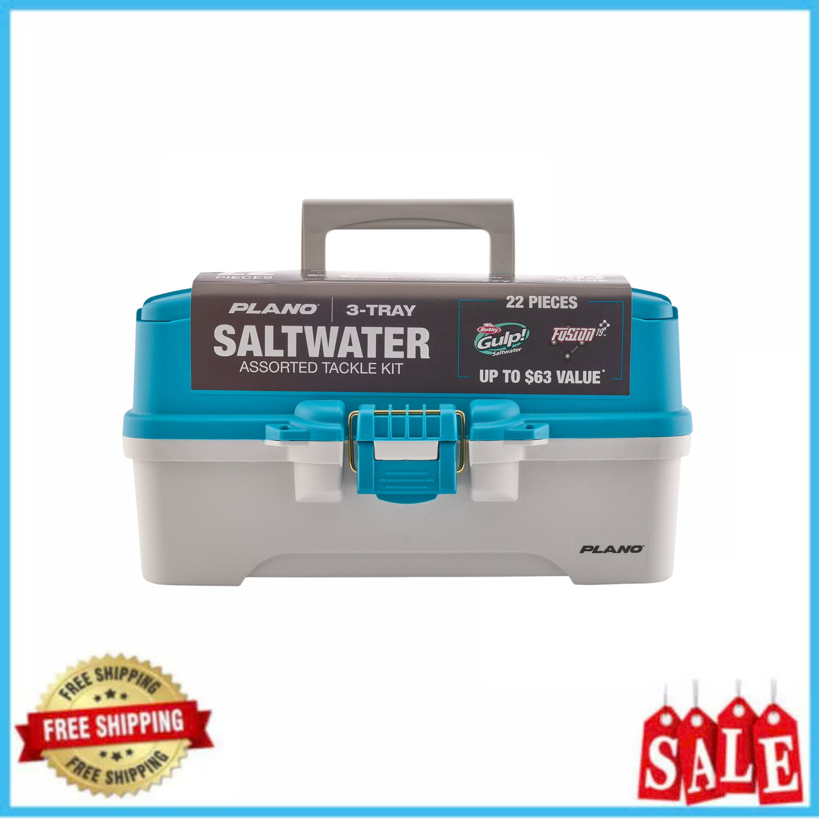 Plano 3-Tray Fishing Tackle Box Blue w/ Berkley Saltwater Bait Kit Combo - New