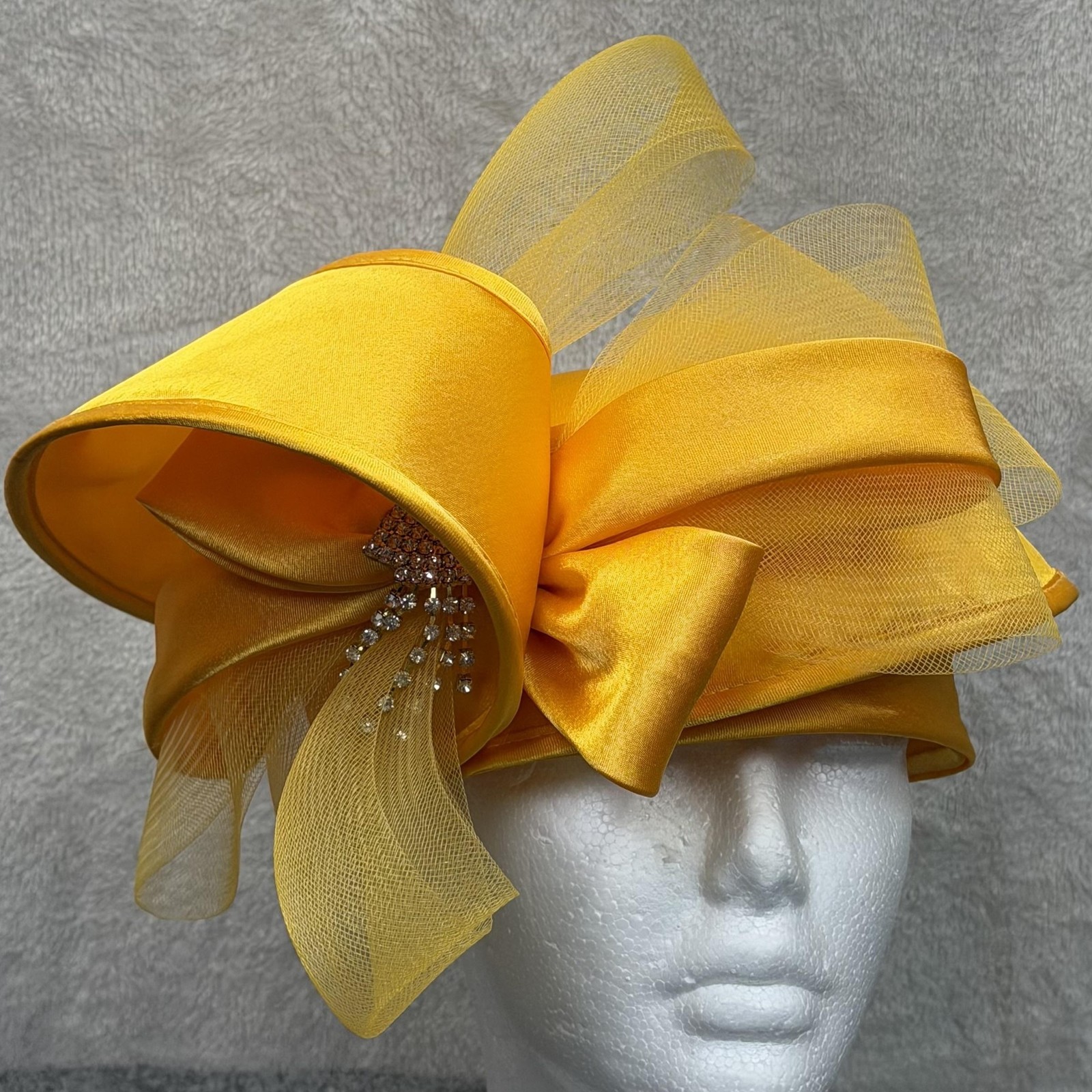 Mr. Hi's Hat Cloche Womens Gold Satin Bow Rhinestone Derby Wedding Church NWT